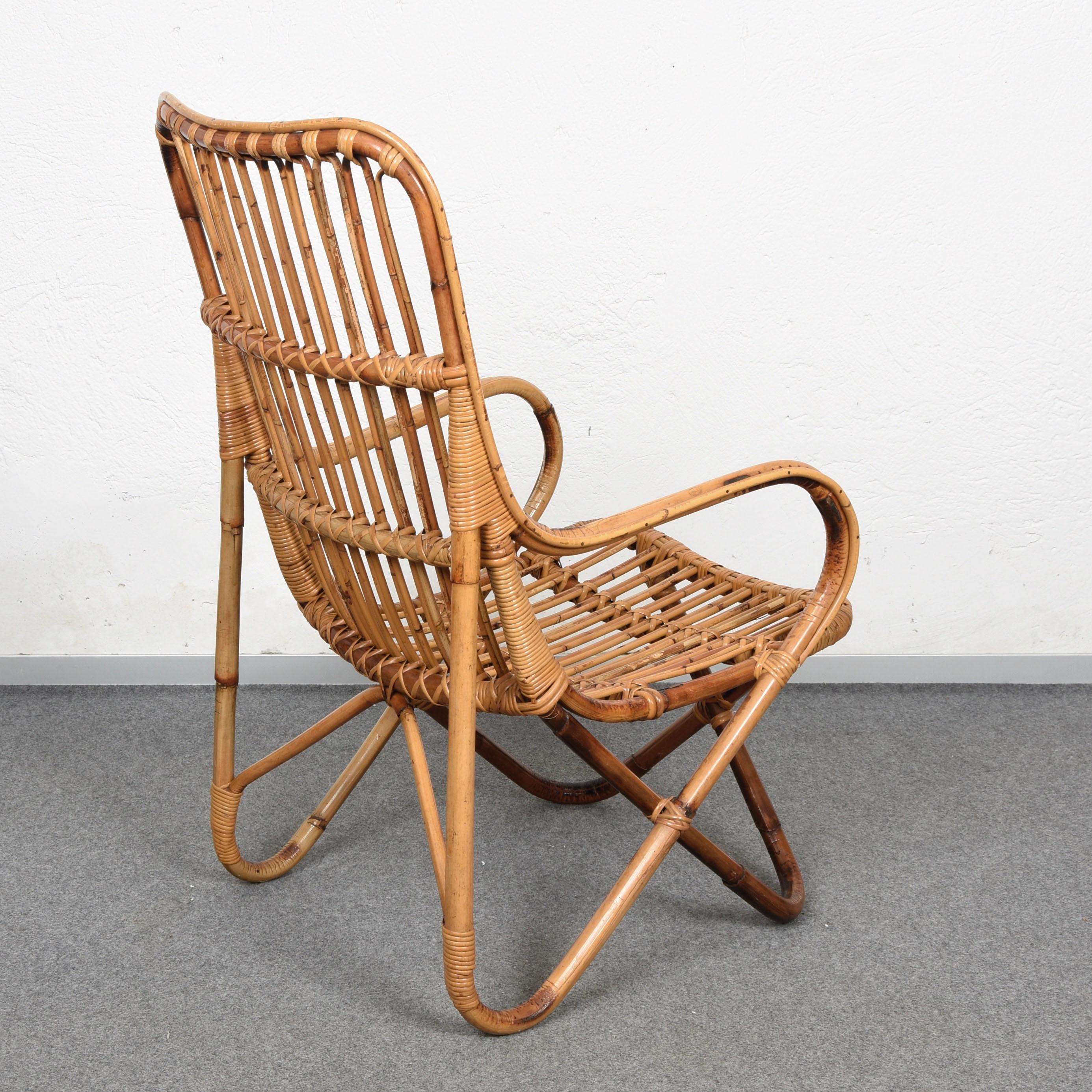 Pair of Midcentury Italian Wicker and Bamboo Armchairs after Tito Agnoli, 1960s 7