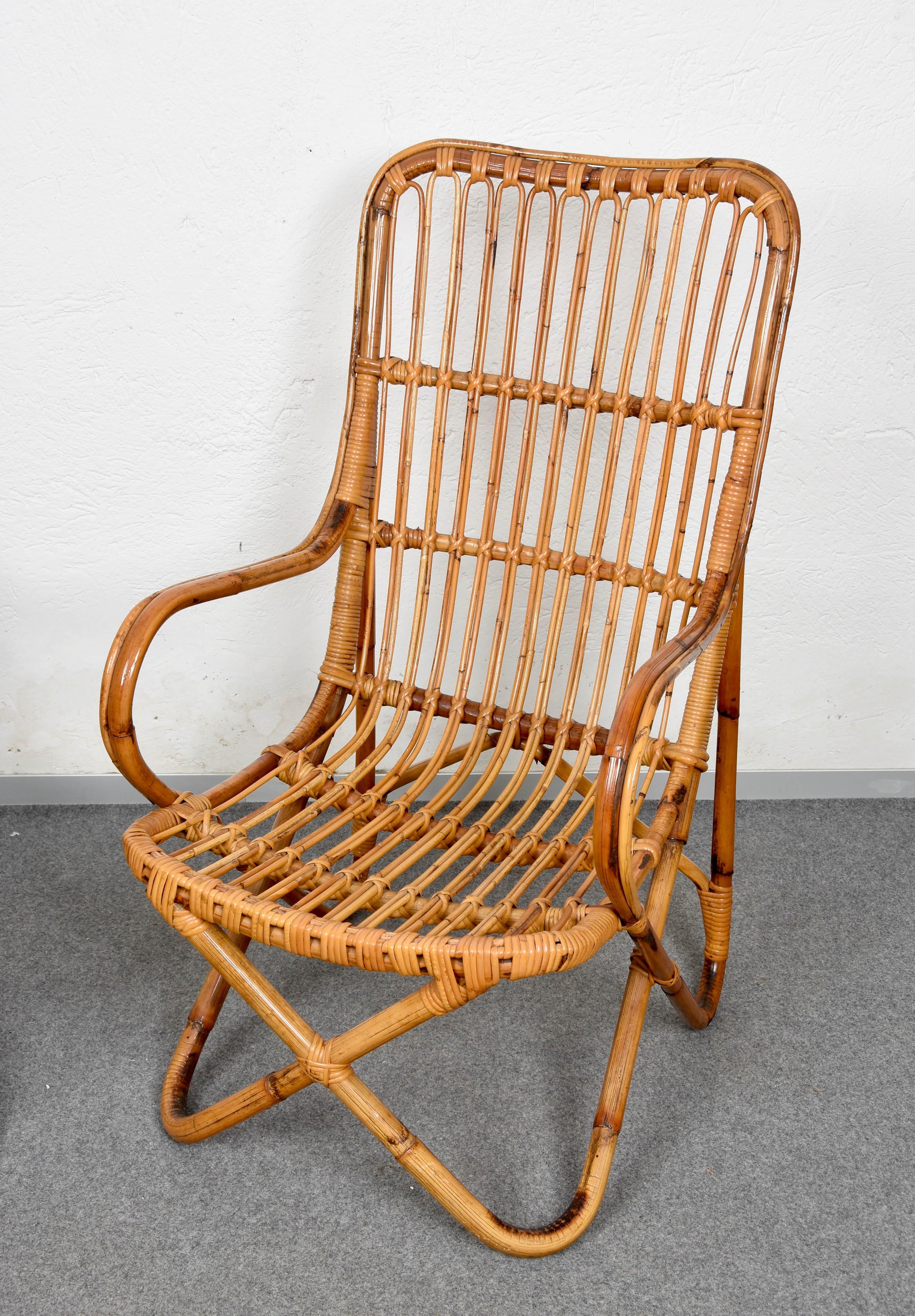 Pair of Midcentury Italian Wicker and Bamboo Armchairs after Tito Agnoli, 1960s 8