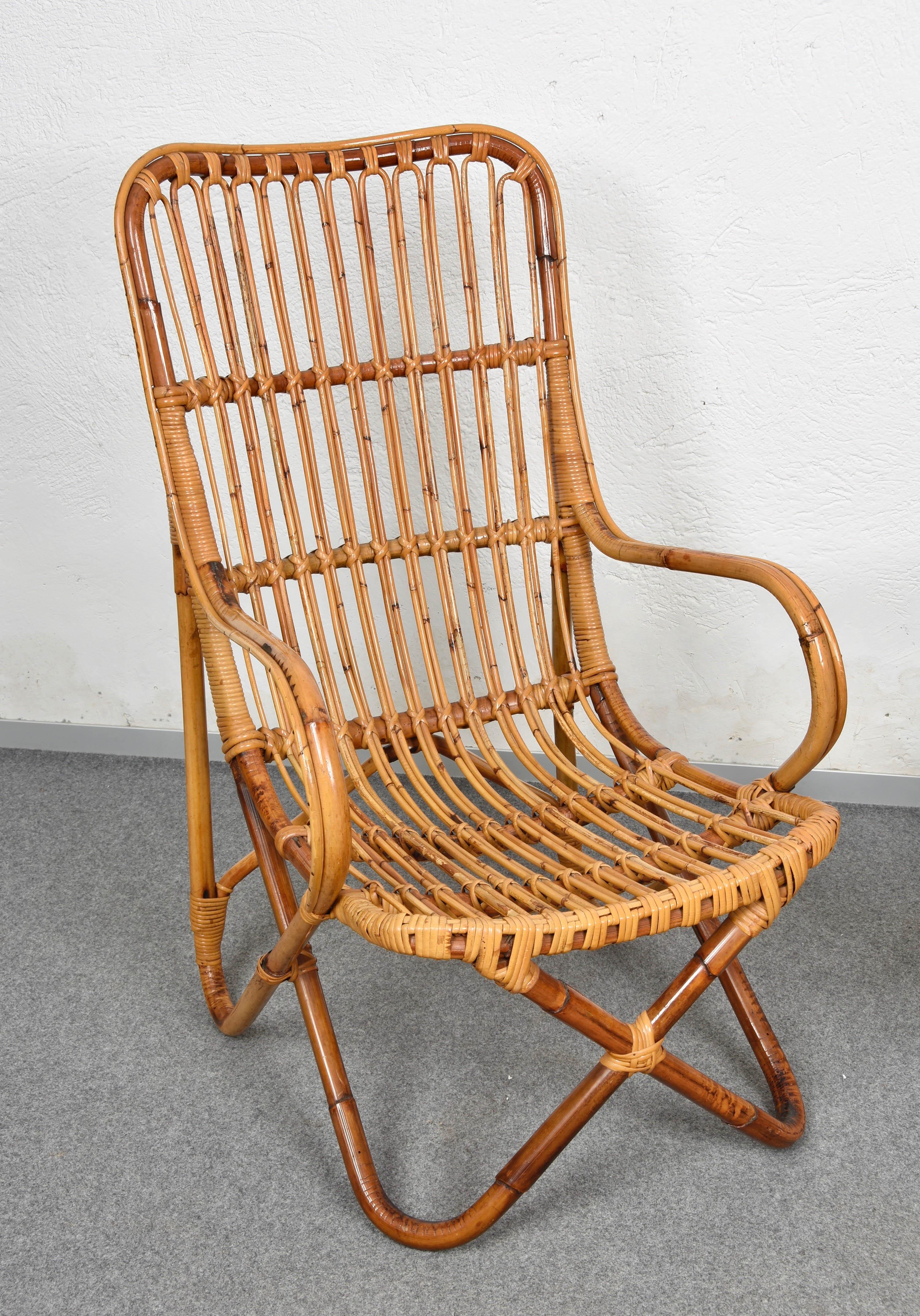 Pair of Midcentury Italian Wicker and Bamboo Armchairs after Tito Agnoli, 1960s 9