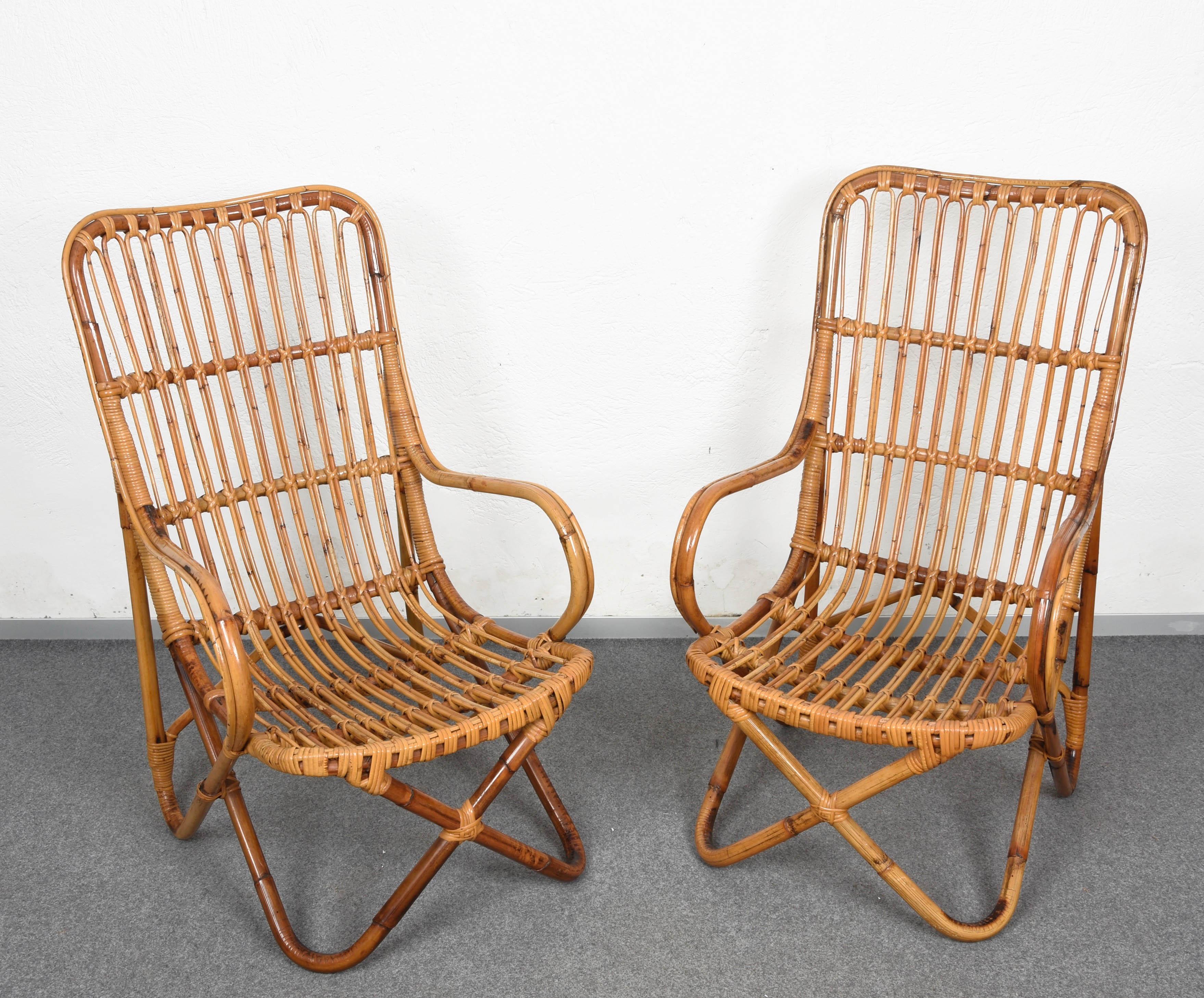 Pair of Midcentury Italian Wicker and Bamboo Armchairs after Tito Agnoli, 1960s 10