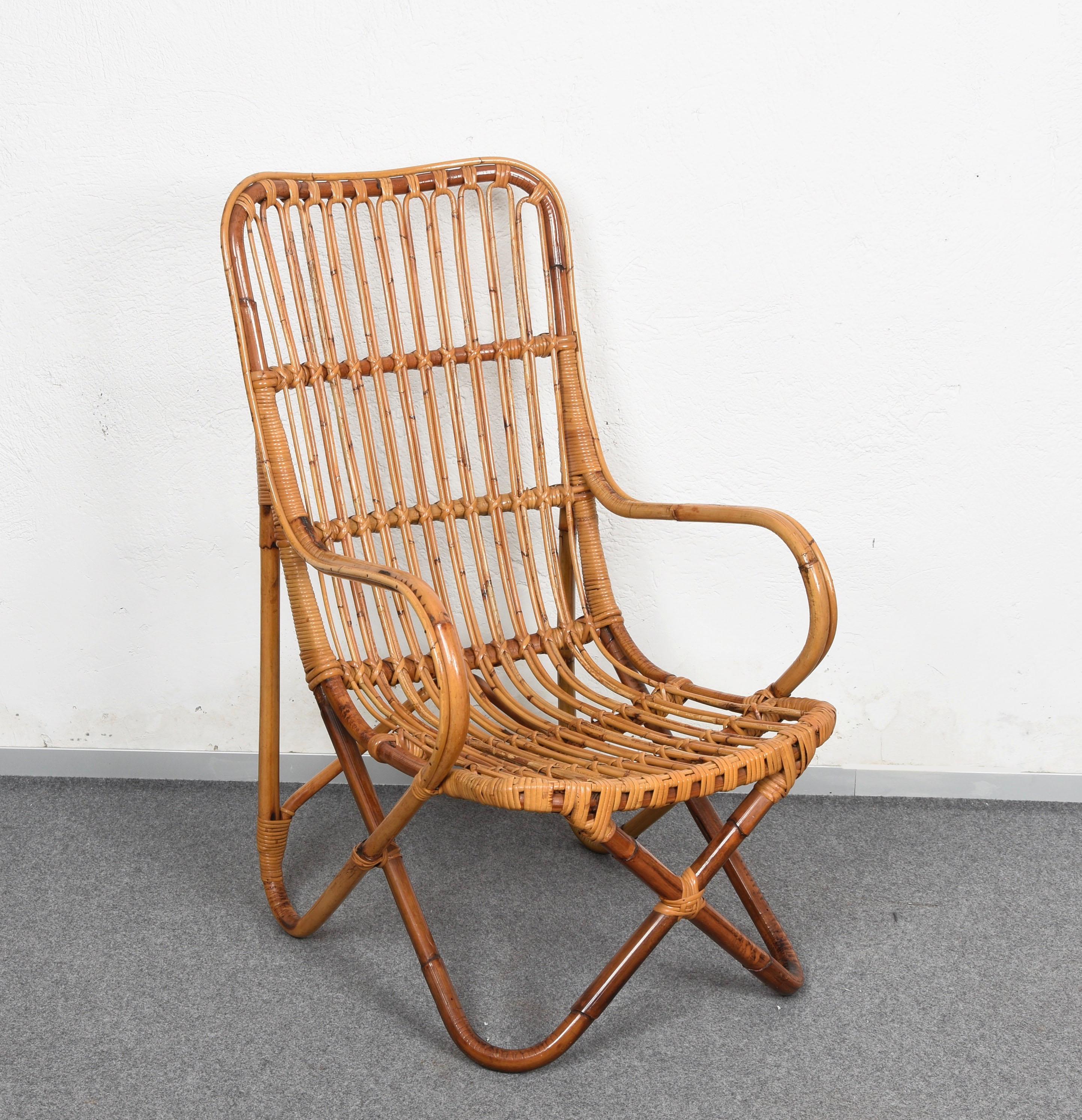 Pair of Midcentury Italian Wicker and Bamboo Armchairs after Tito Agnoli, 1960s 11