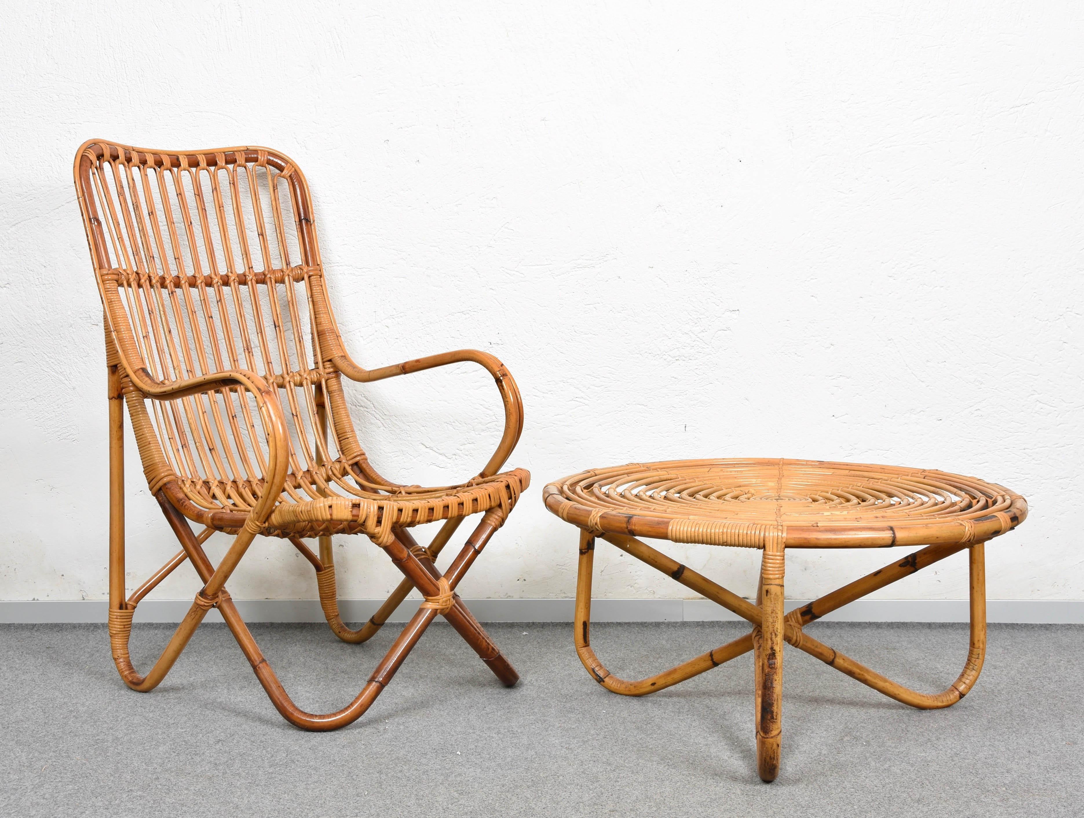 Pair of Midcentury Italian Wicker and Bamboo Armchairs after Tito Agnoli, 1960s 14