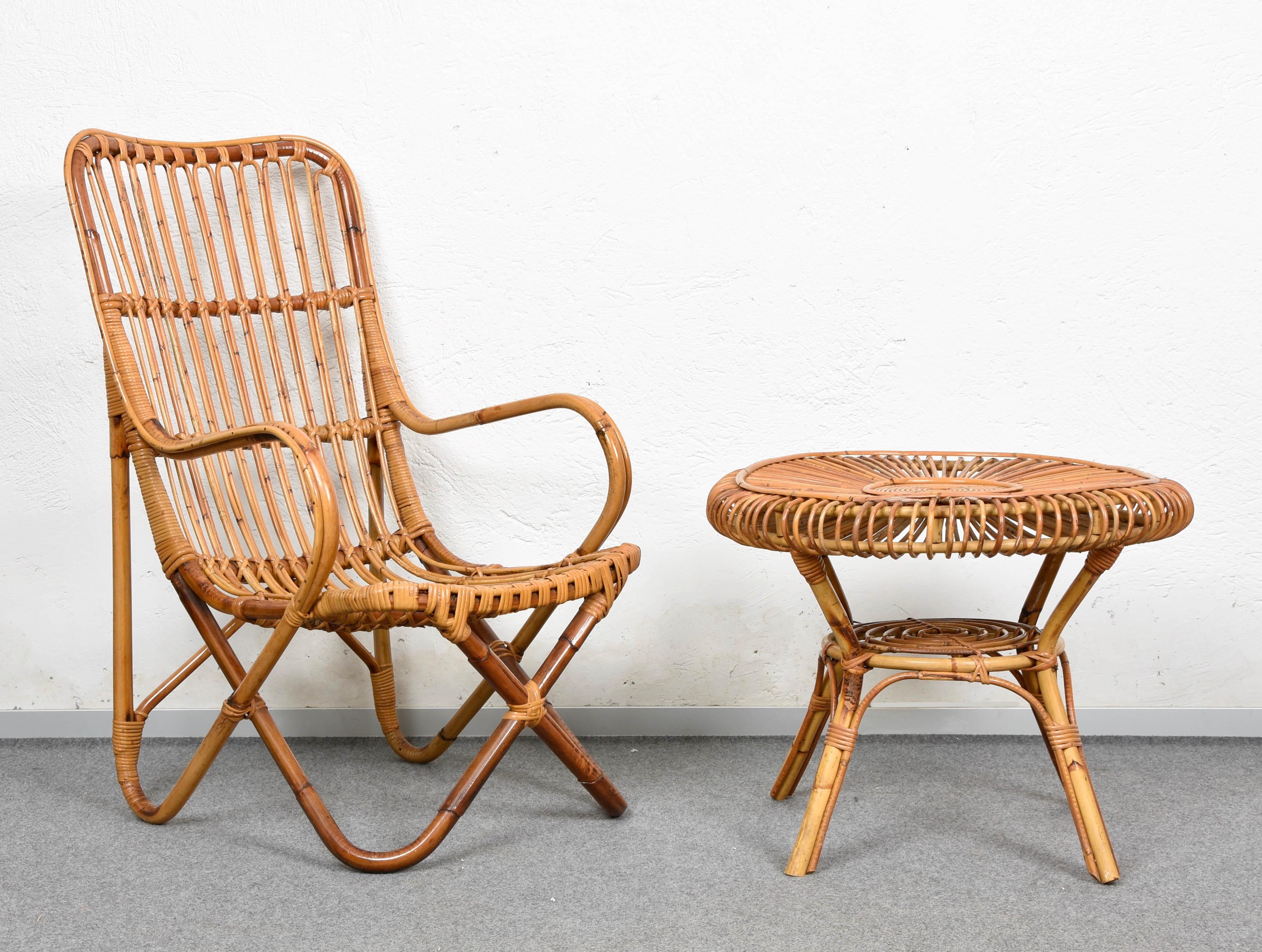 Pair of Midcentury Italian Wicker and Bamboo Armchairs after Tito Agnoli, 1960s 15