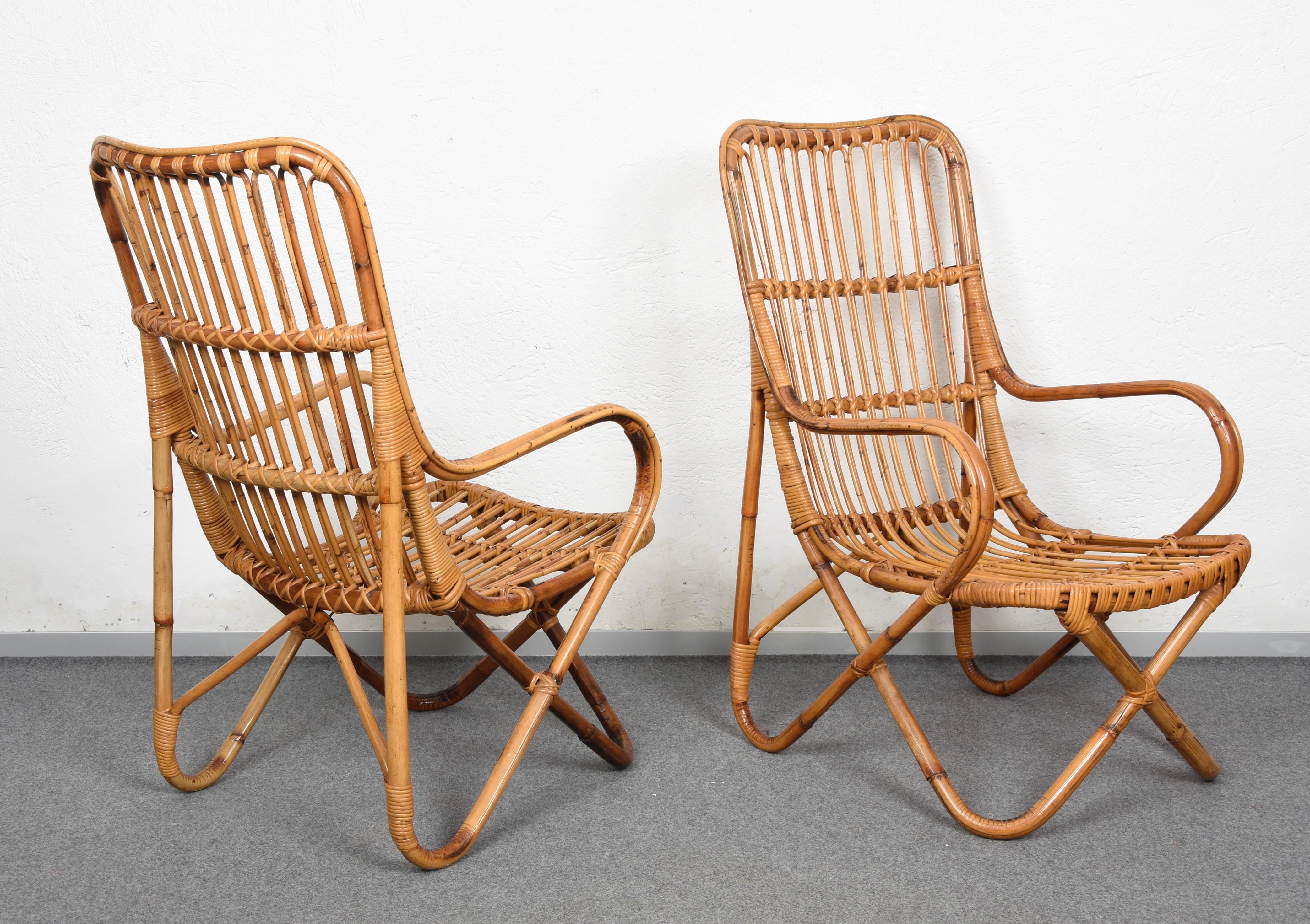 Mid-Century Modern Pair of Midcentury Italian Wicker and Bamboo Armchairs after Tito Agnoli, 1960s