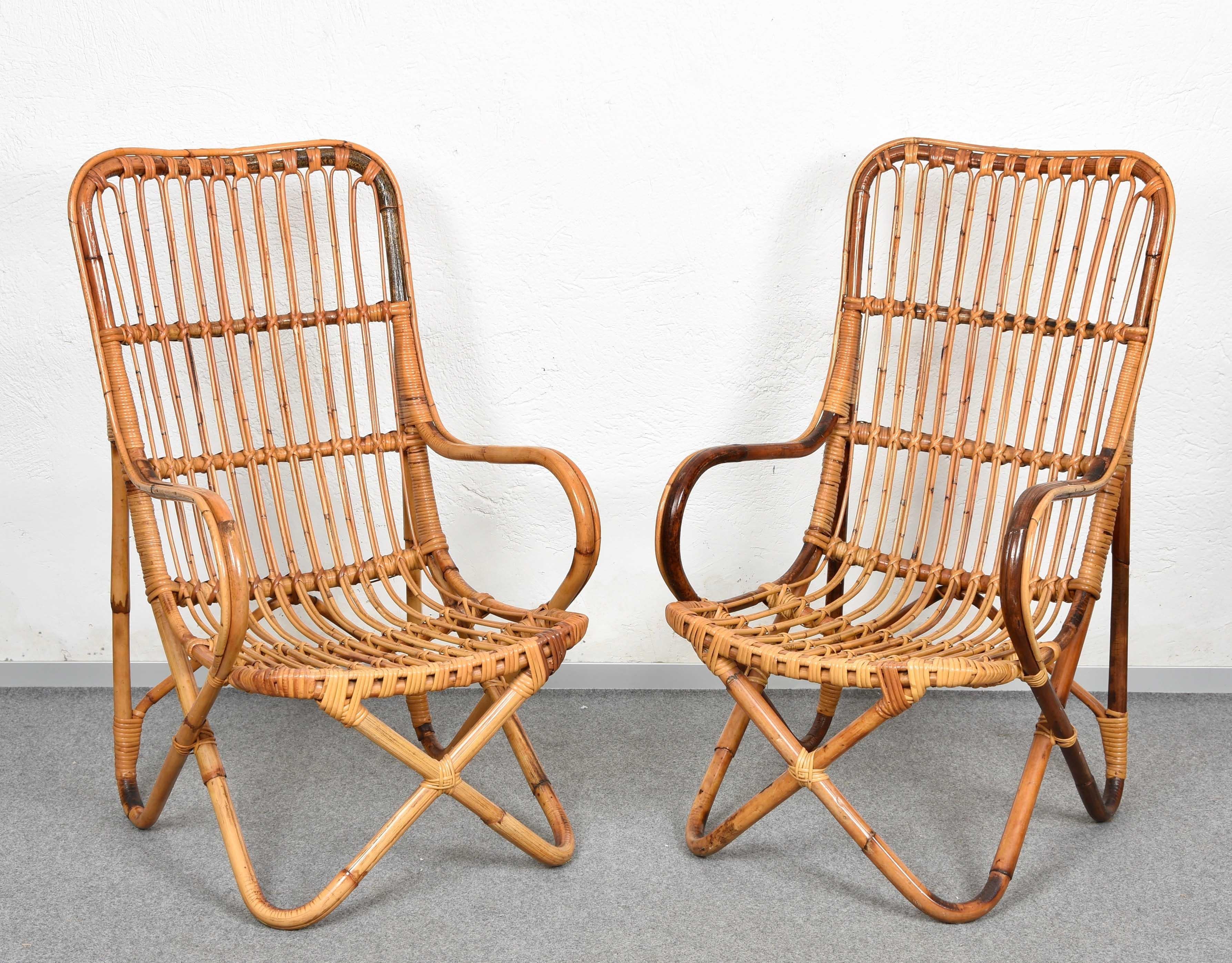Pair of Midcentury Italian Wicker and Bamboo Armchairs after Tito Agnoli, 1960s In Good Condition In Roma, IT