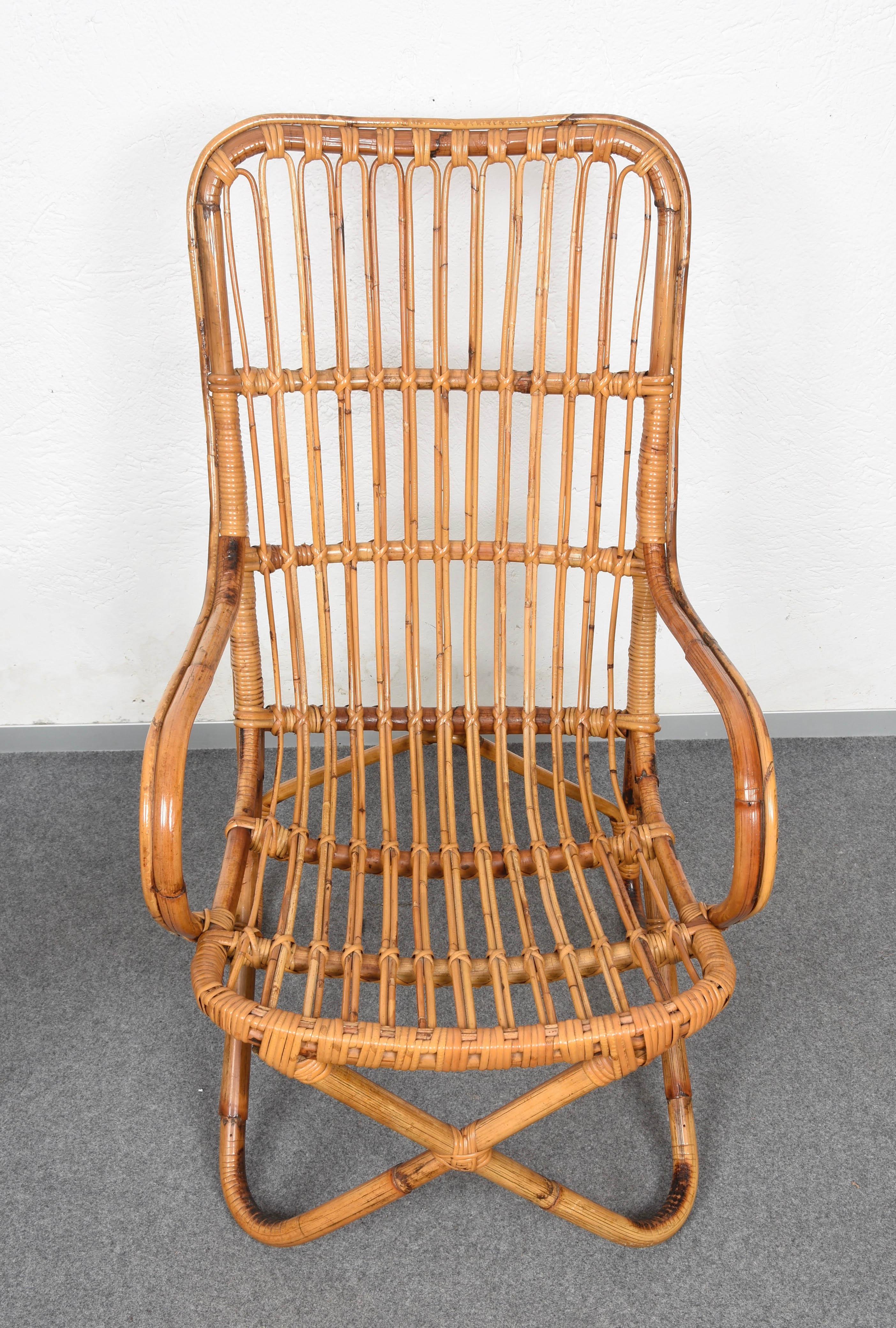 Mid-20th Century Pair of Midcentury Italian Wicker and Bamboo Armchairs after Tito Agnoli, 1960s