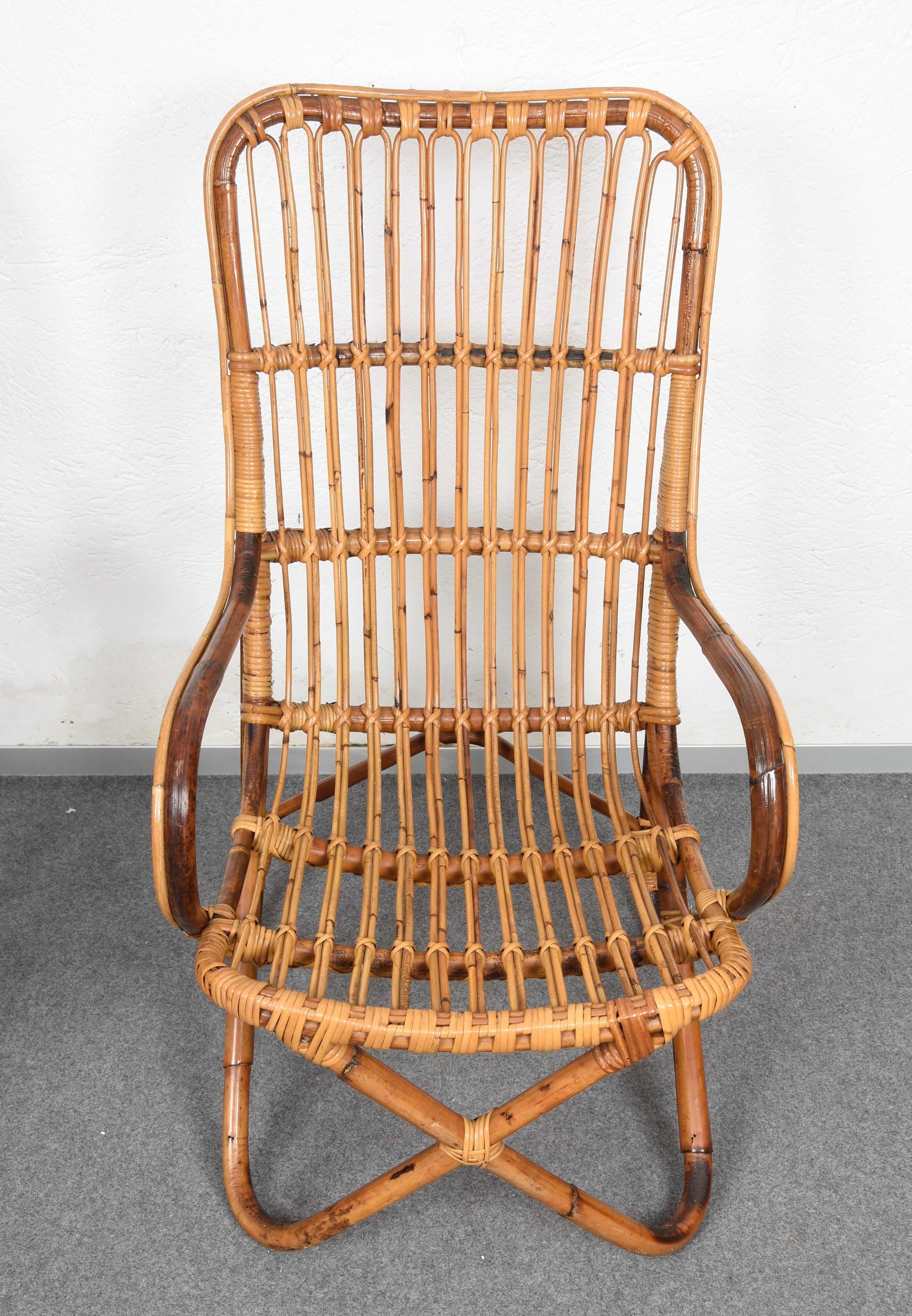 Pair of Midcentury Italian Wicker and Bamboo Armchairs after Tito Agnoli, 1960s 1