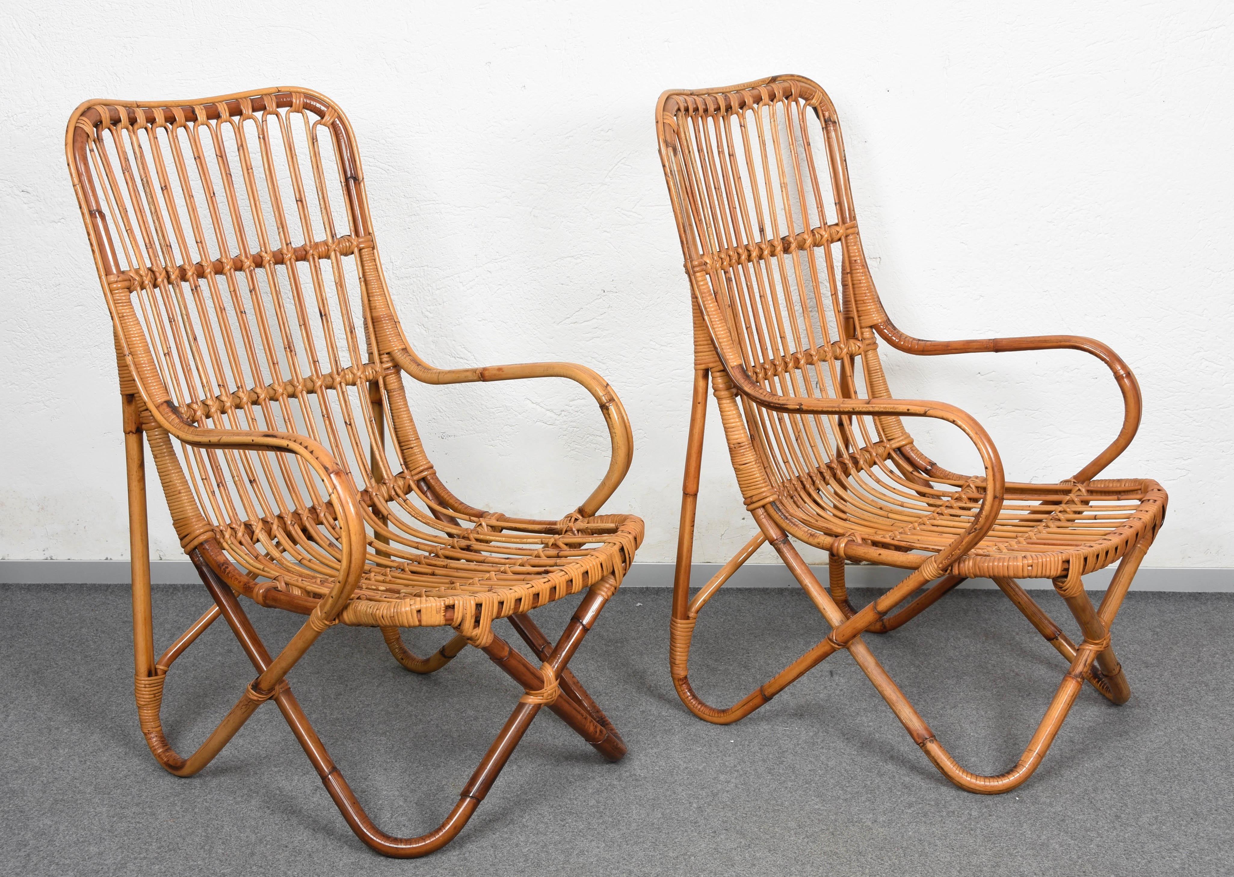Pair of Midcentury Italian Wicker and Bamboo Armchairs after Tito Agnoli, 1960s 1