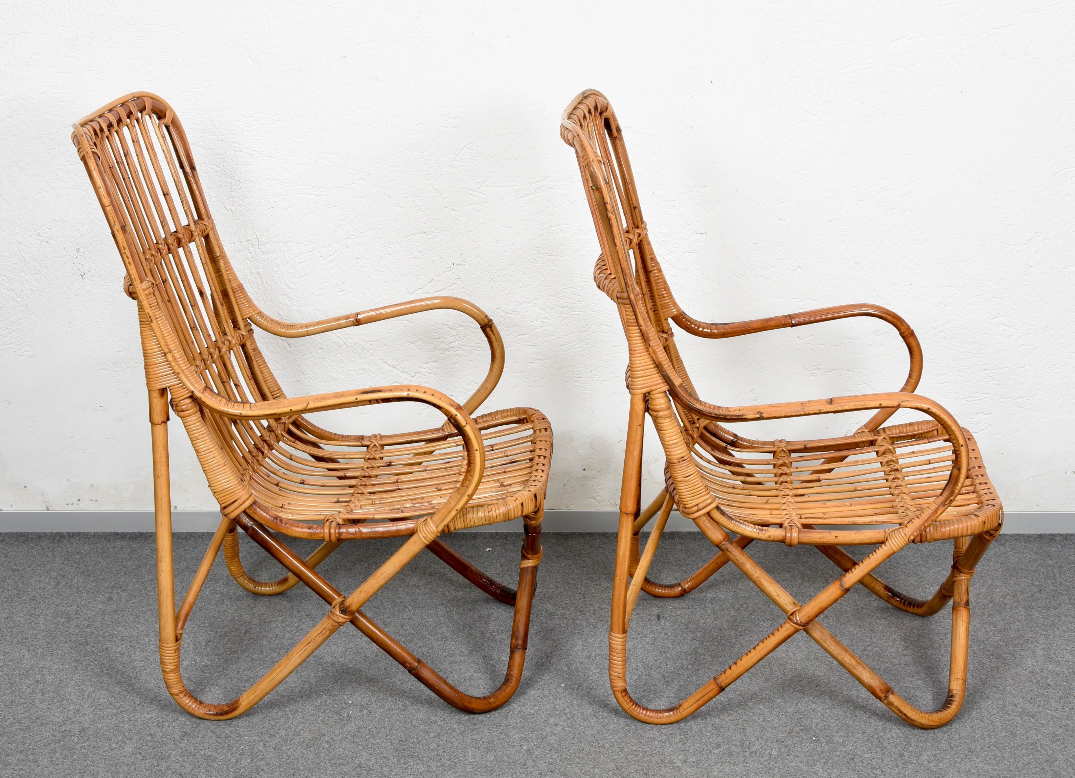 Pair of Midcentury Italian Wicker and Bamboo Armchairs after Tito Agnoli, 1960s 2