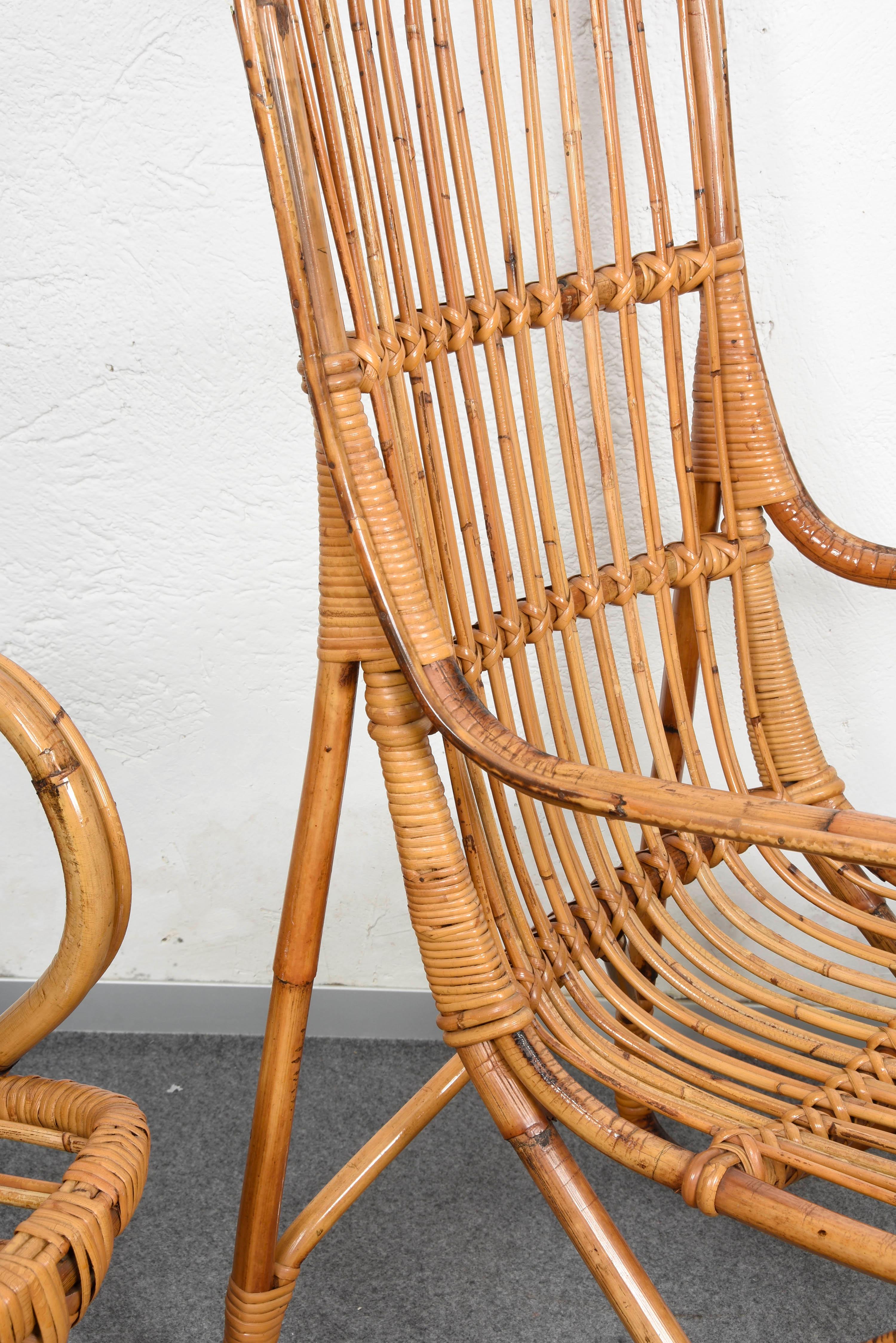 Pair of Midcentury Italian Wicker and Bamboo Armchairs after Tito Agnoli, 1960s 3