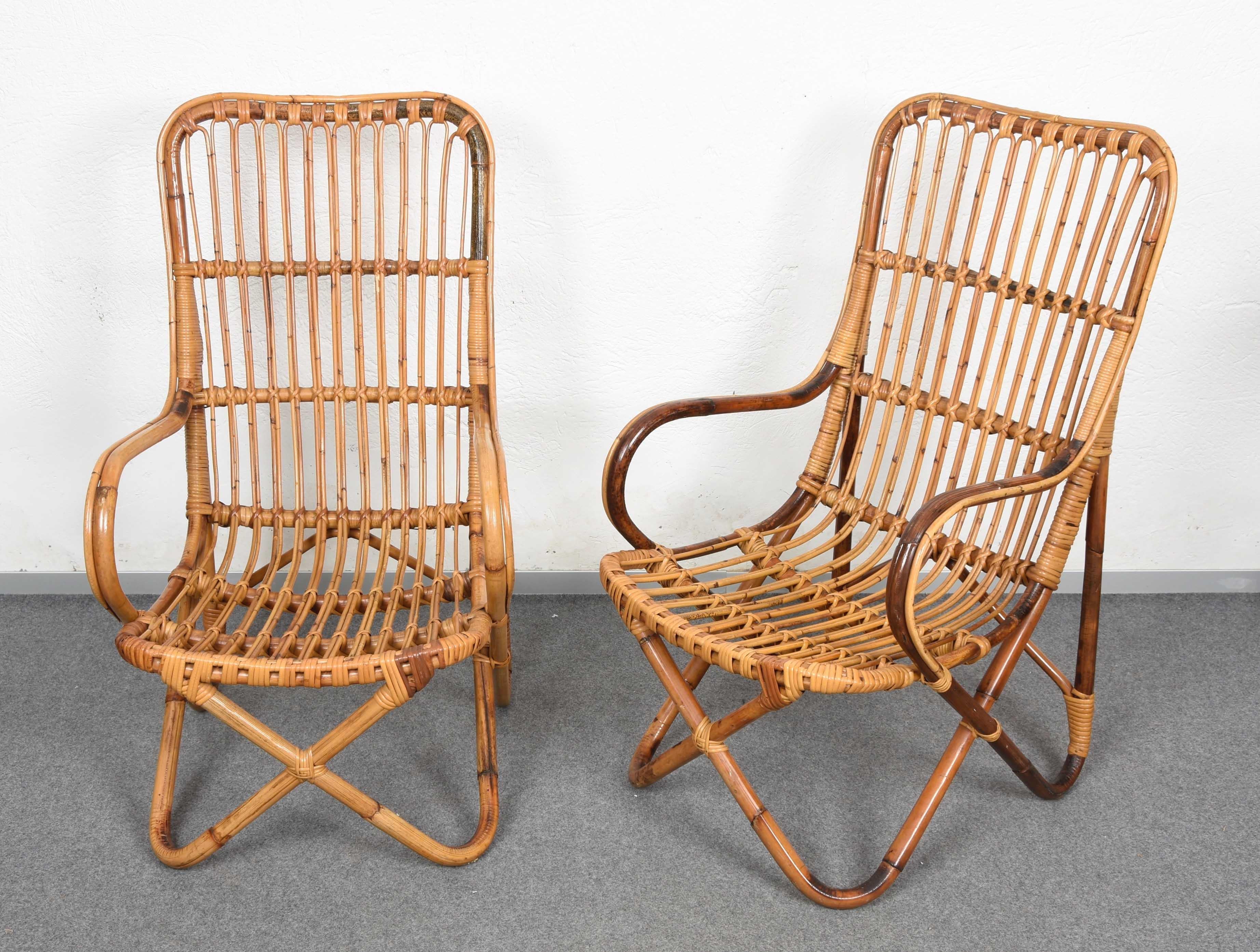Pair of Midcentury Italian Wicker and Bamboo Armchairs after Tito Agnoli, 1960s 4
