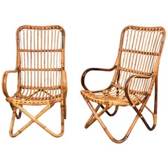 Vintage Pair of Midcentury Italian Wicker and Bamboo Armchairs after Tito Agnoli, 1960s