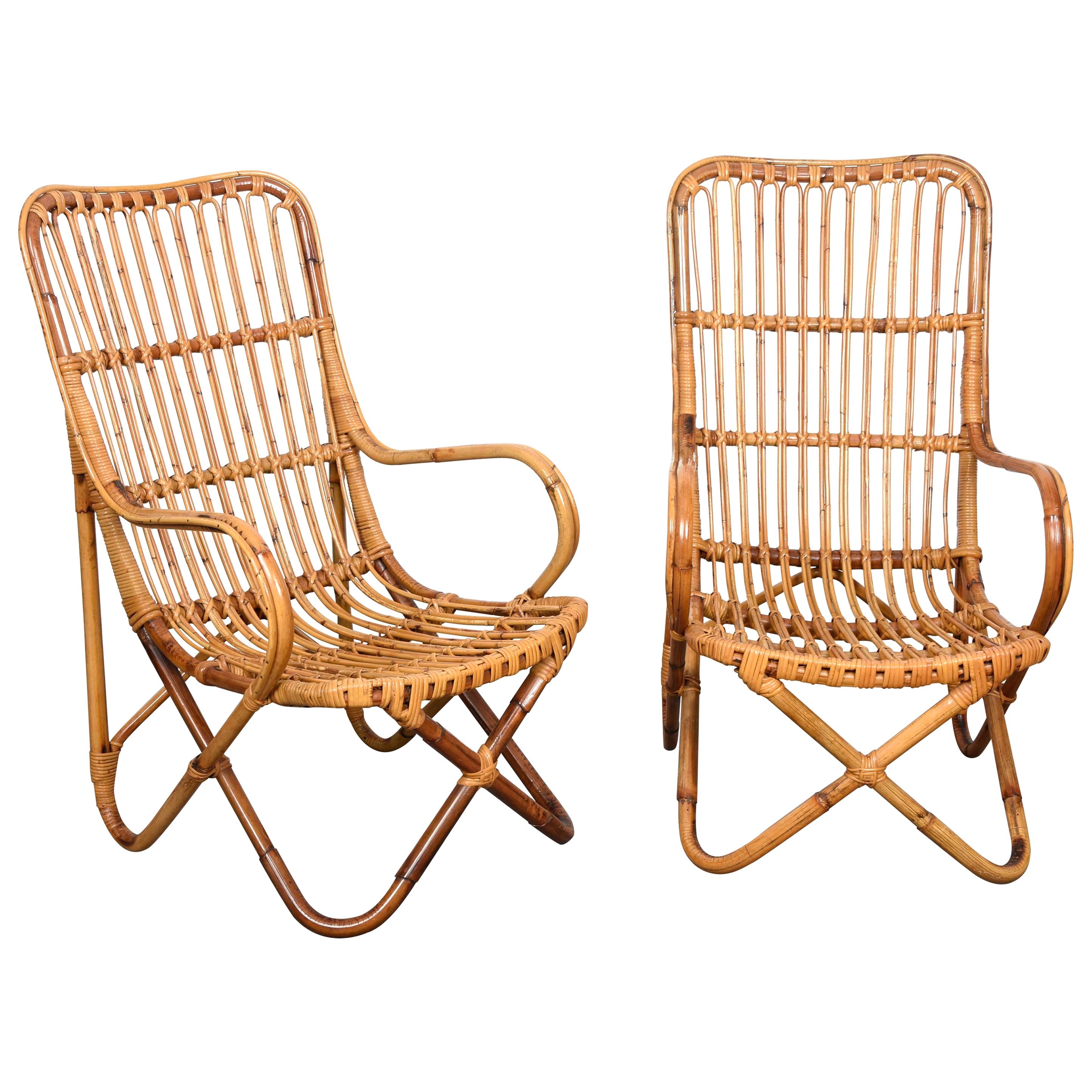 Pair of Midcentury Italian Wicker and Bamboo Armchairs after Tito Agnoli, 1960s