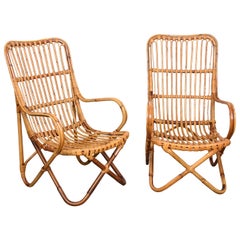 Vintage Pair of Midcentury Italian Wicker and Bamboo Armchairs after Tito Agnoli, 1960s