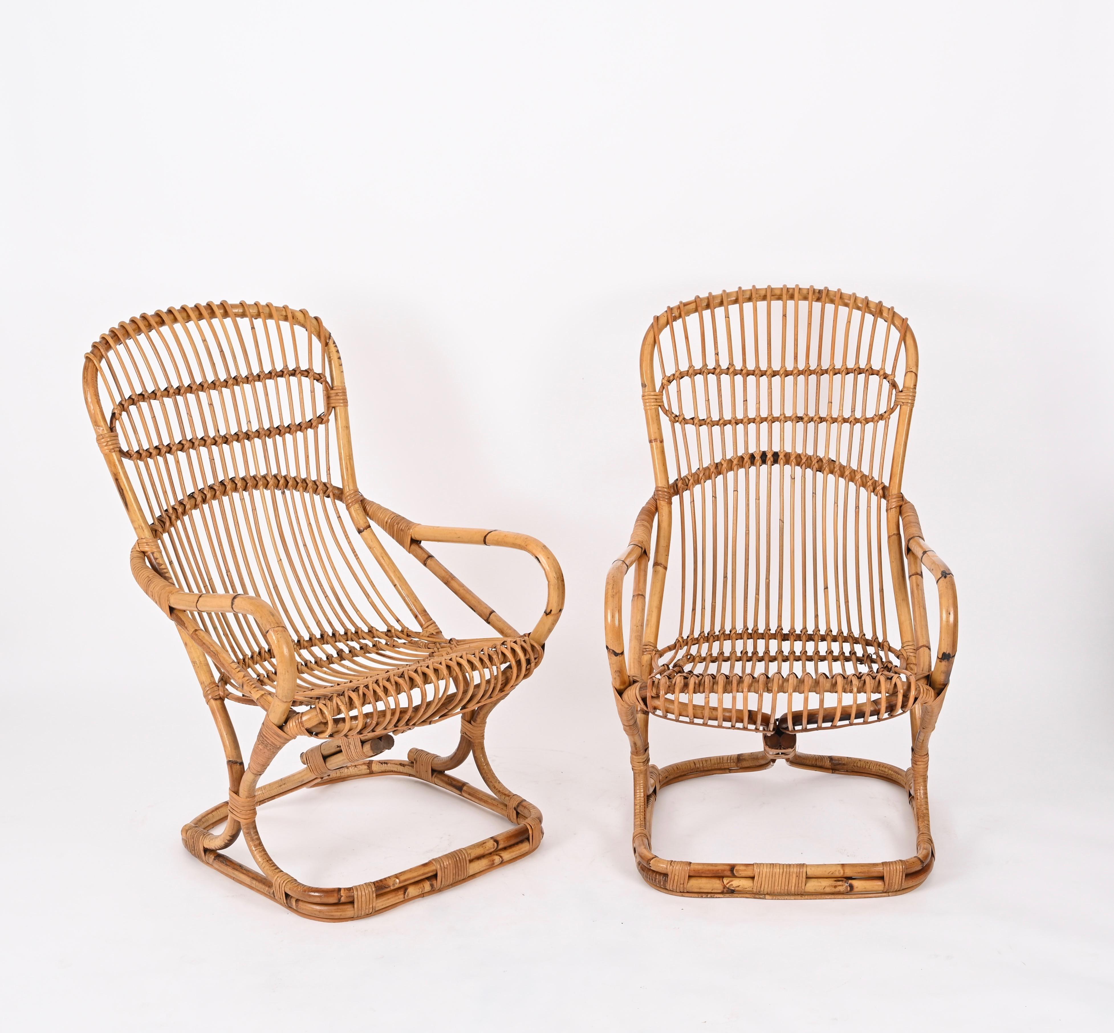 Pair of Midcentury Italian Wicker and Rattan Armchairs by Tito Agnoli, 1960s For Sale 7