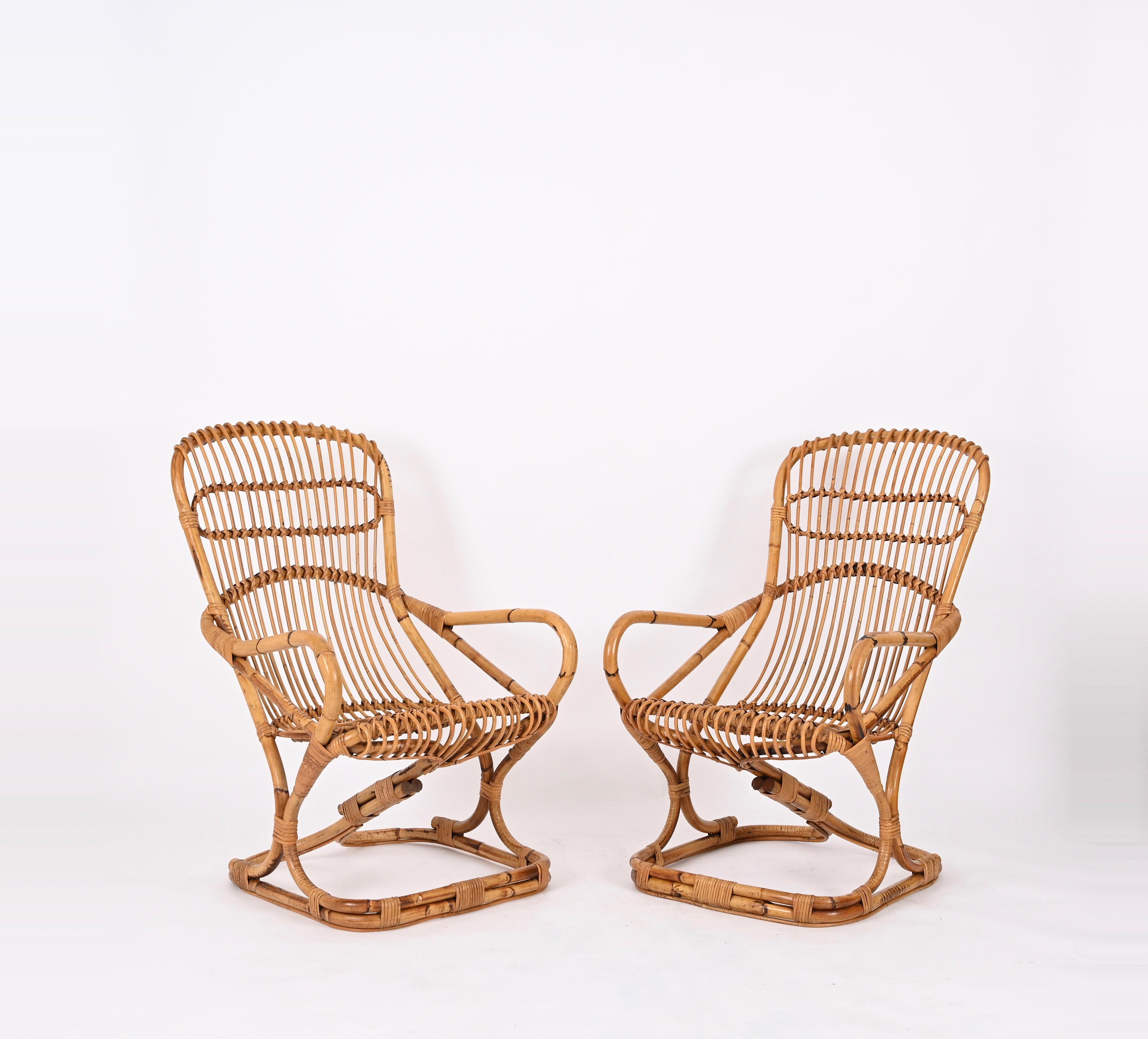 Pair of Midcentury Italian Wicker and Rattan Armchairs by Tito Agnoli, 1960s For Sale 8