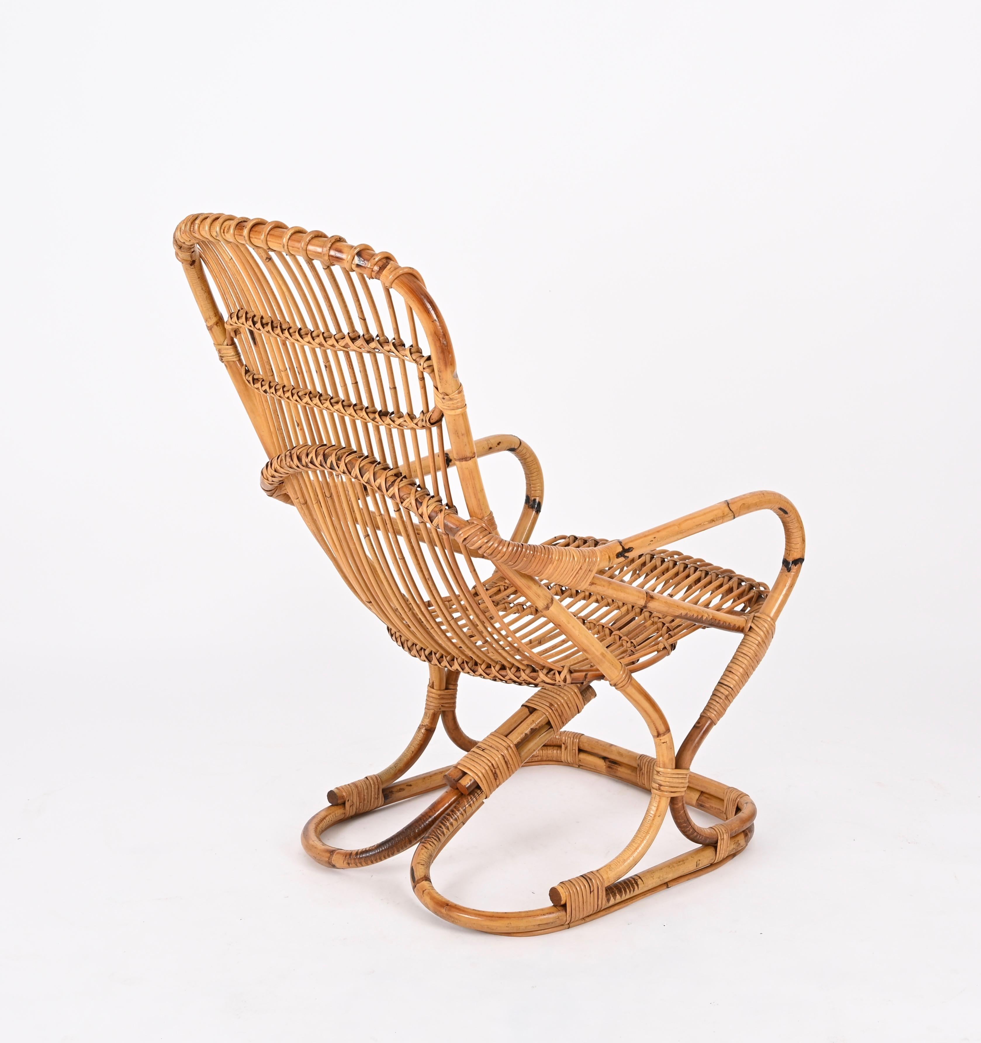 Mid-20th Century Pair of Midcentury Italian Wicker and Rattan Armchairs by Tito Agnoli, 1960s For Sale