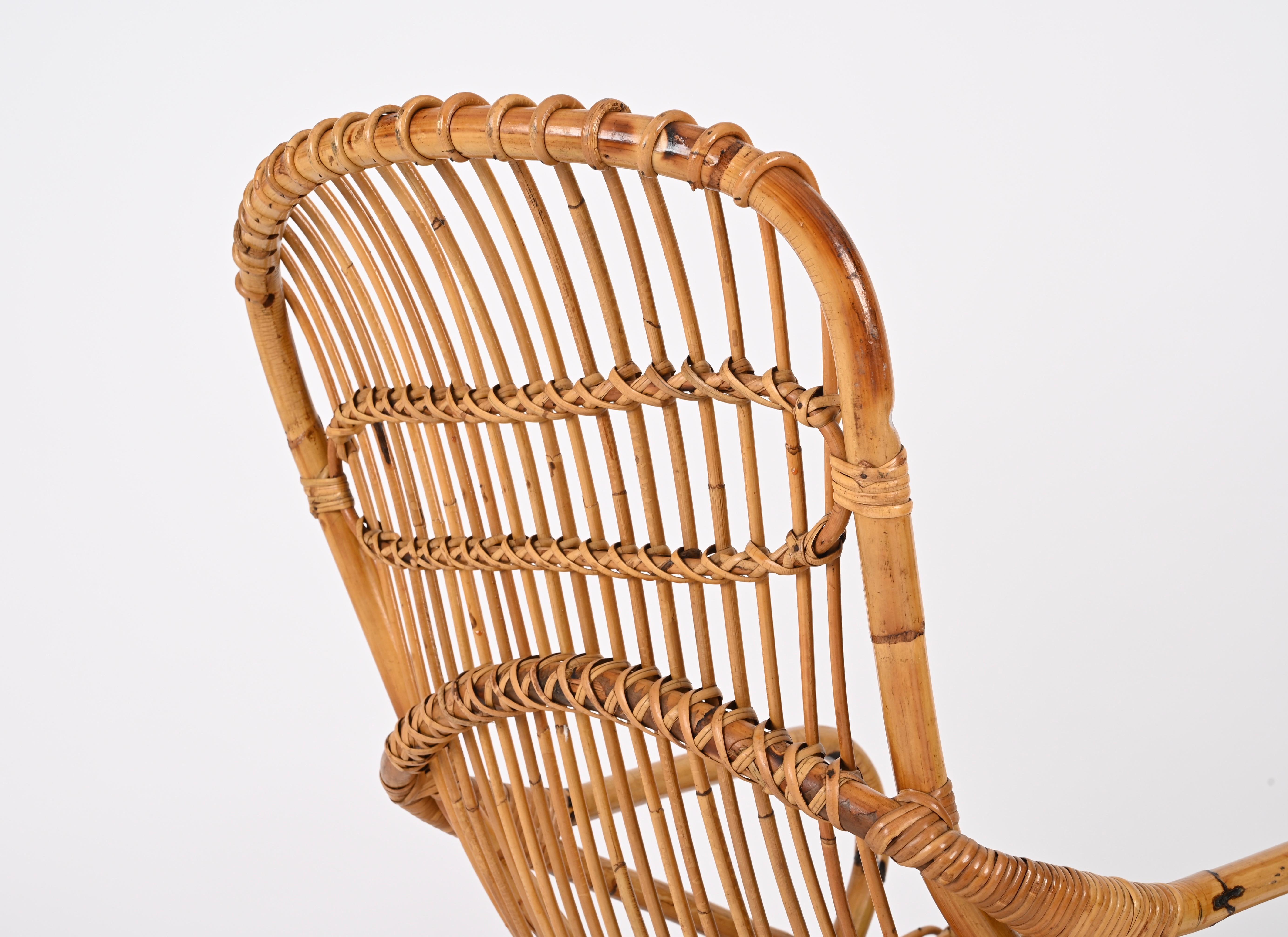 Bamboo Pair of Midcentury Italian Wicker and Rattan Armchairs by Tito Agnoli, 1960s For Sale