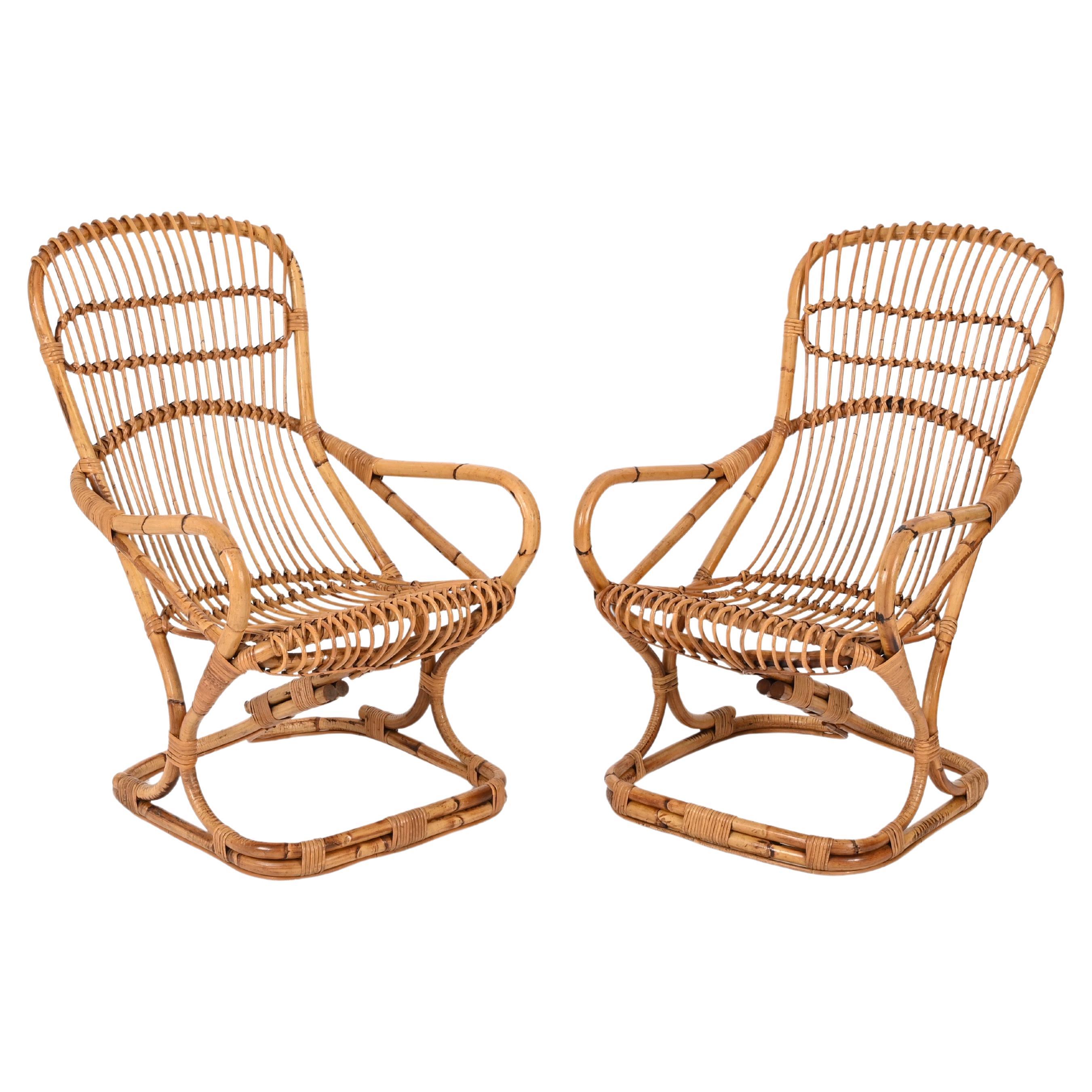 Pair of Midcentury Italian Wicker and Rattan Armchairs by Tito Agnoli, 1960s