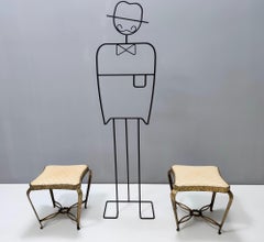 Pair of Vintage Ivory Skai and Gilt Metal Poufs by Pierluigi Colli, Italy