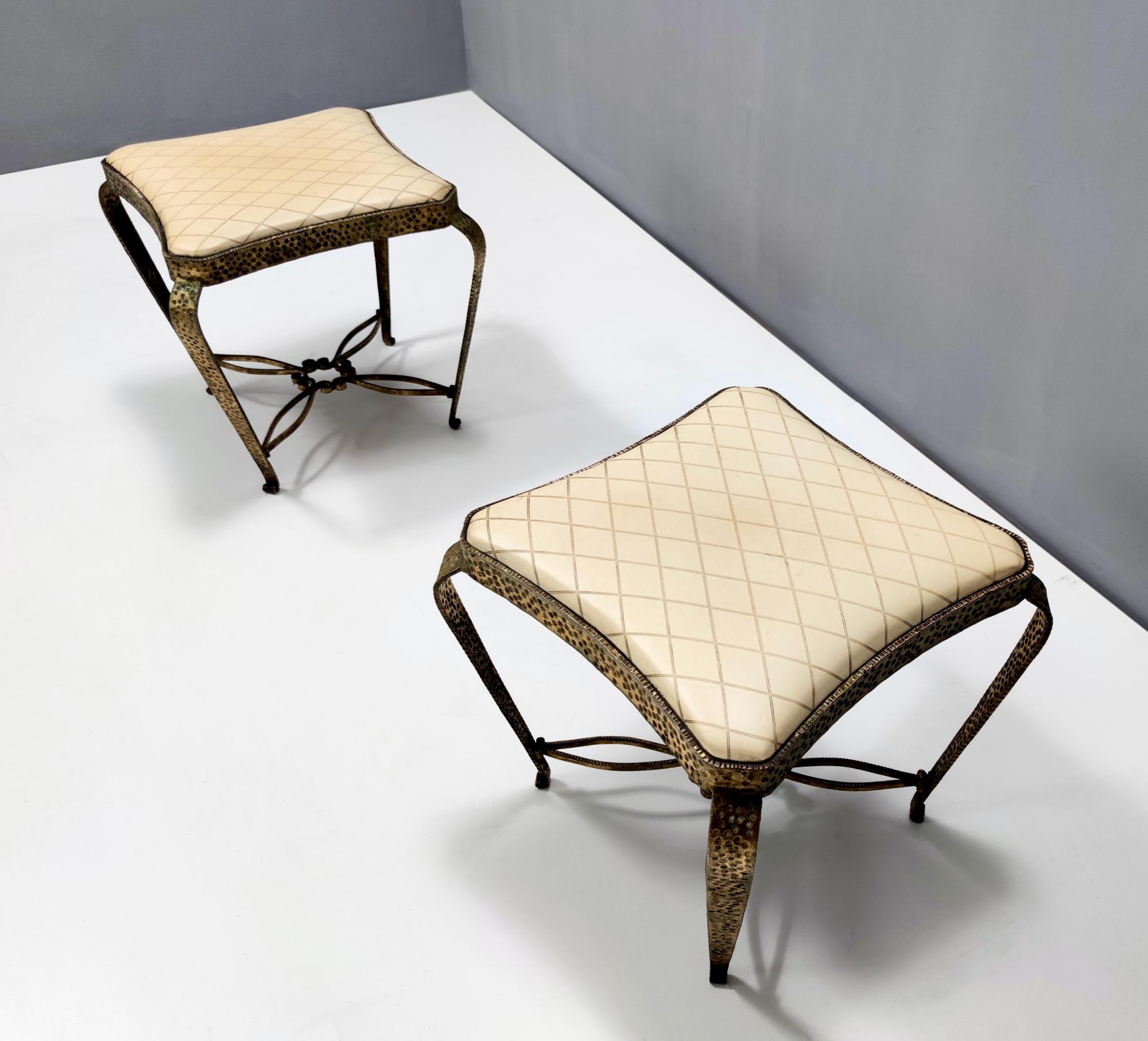 Mid-Century Modern Pair of Vintage Ivory Skai and Gilt Metal Poufs by Pierluigi Colli, Italy For Sale