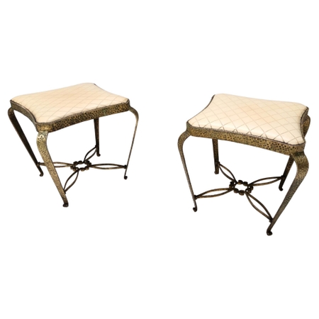Pair of Vintage Ivory Skai and Gilt Metal Poufs by Pierluigi Colli, Italy