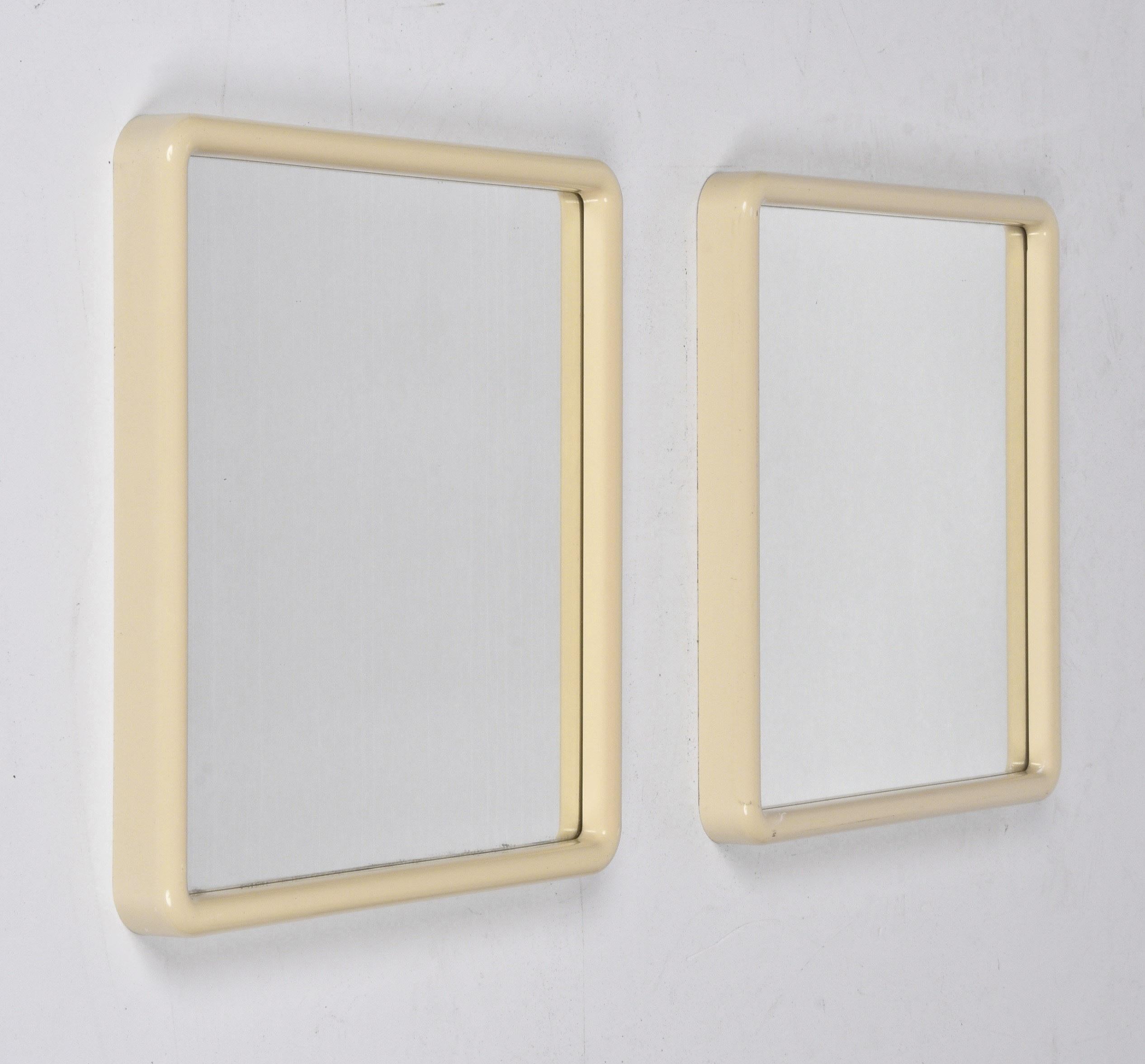 Pair of Midcentury Ivory White Plastic Frame Italian Squared Mirrors, 1980s 1
