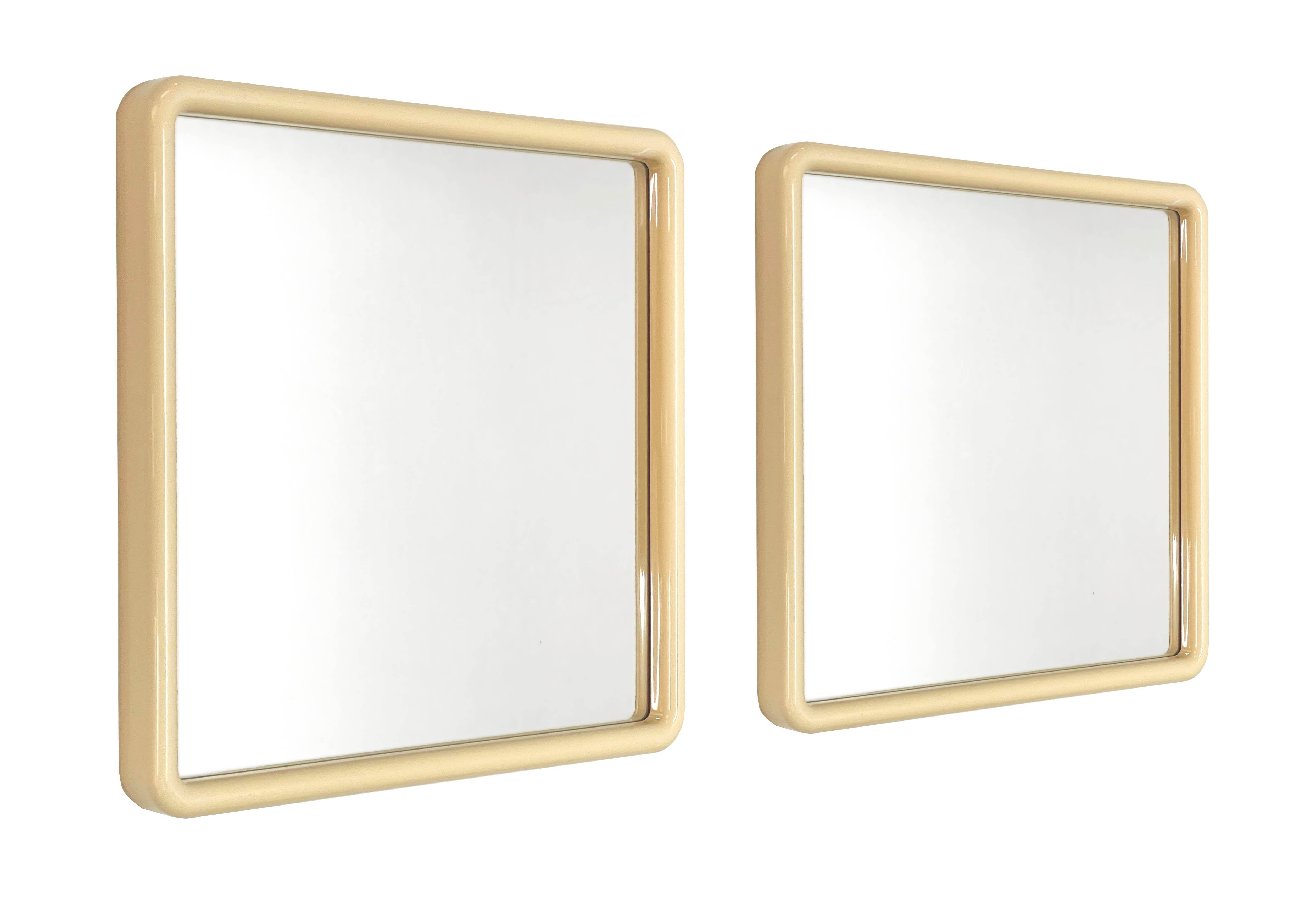 Pair of Midcentury Ivory White Plastic Frame Italian Squared Mirrors, 1980s 2
