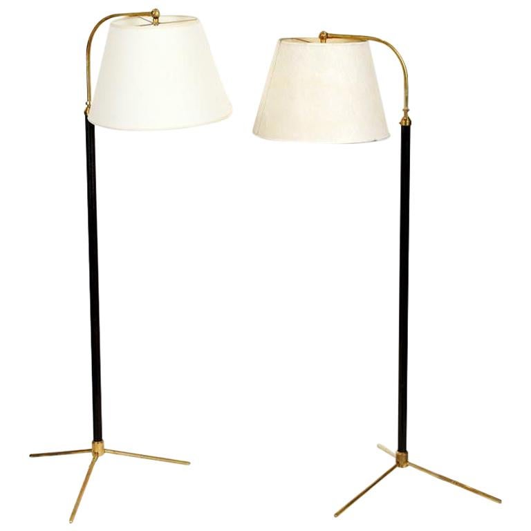 Pair of Midcentury Jacques Adnet Style Black and Brass Floor Lamps