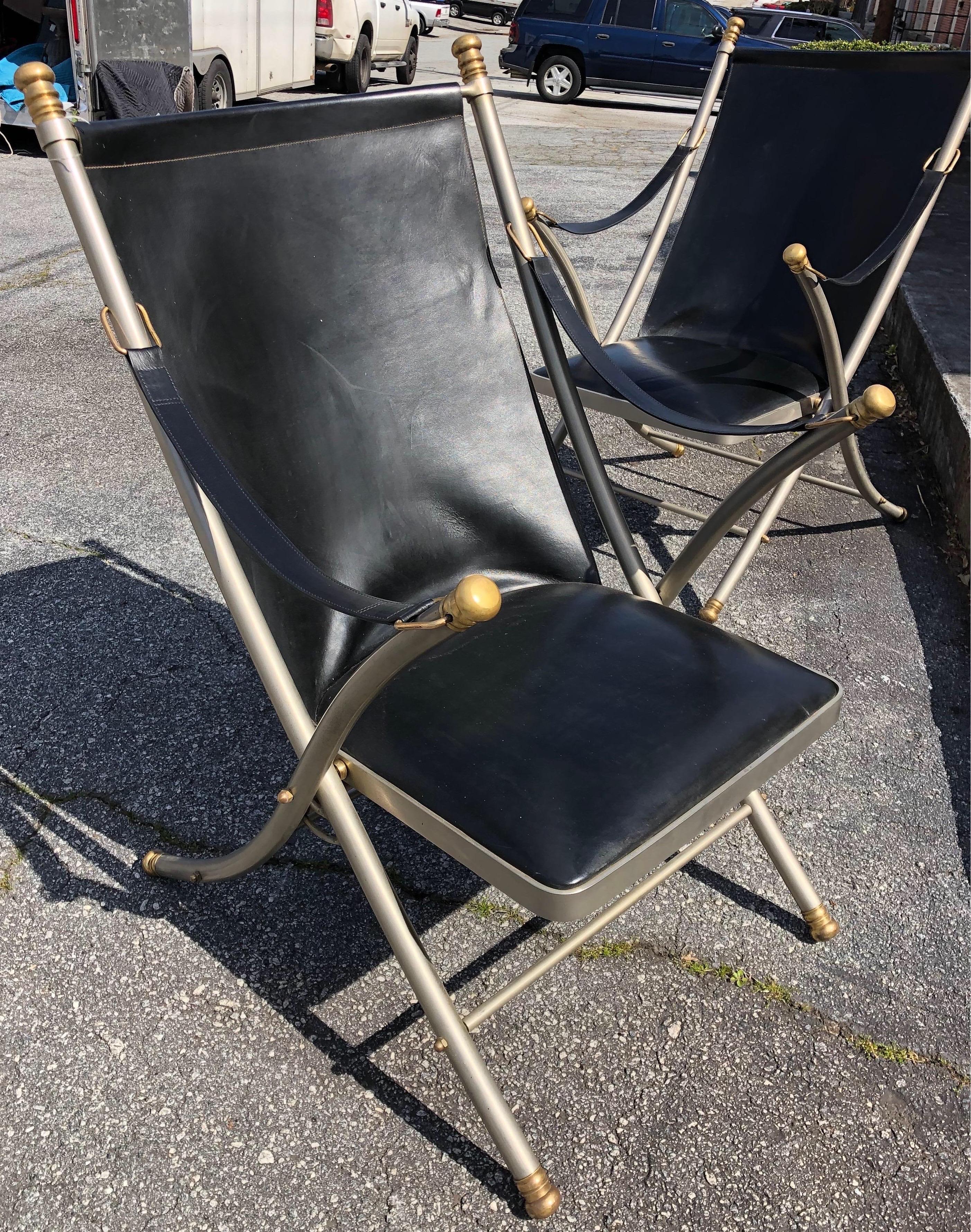 Brass Pair of Midcentury Jansen Campaign Chairs For Sale