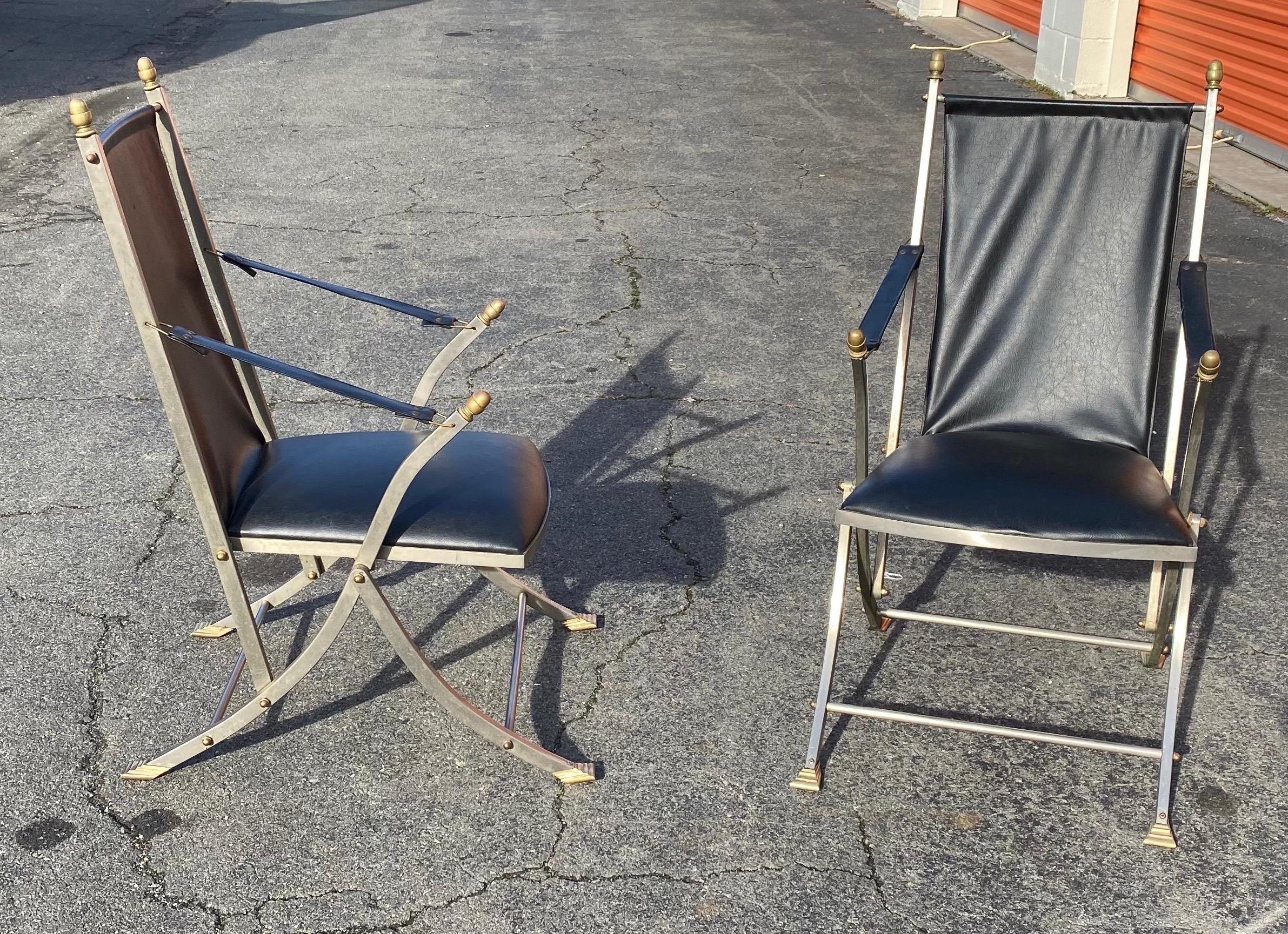 French Pair of Midcentury Jansen Style Steel and Leather Folding Campaign Chairs For Sale