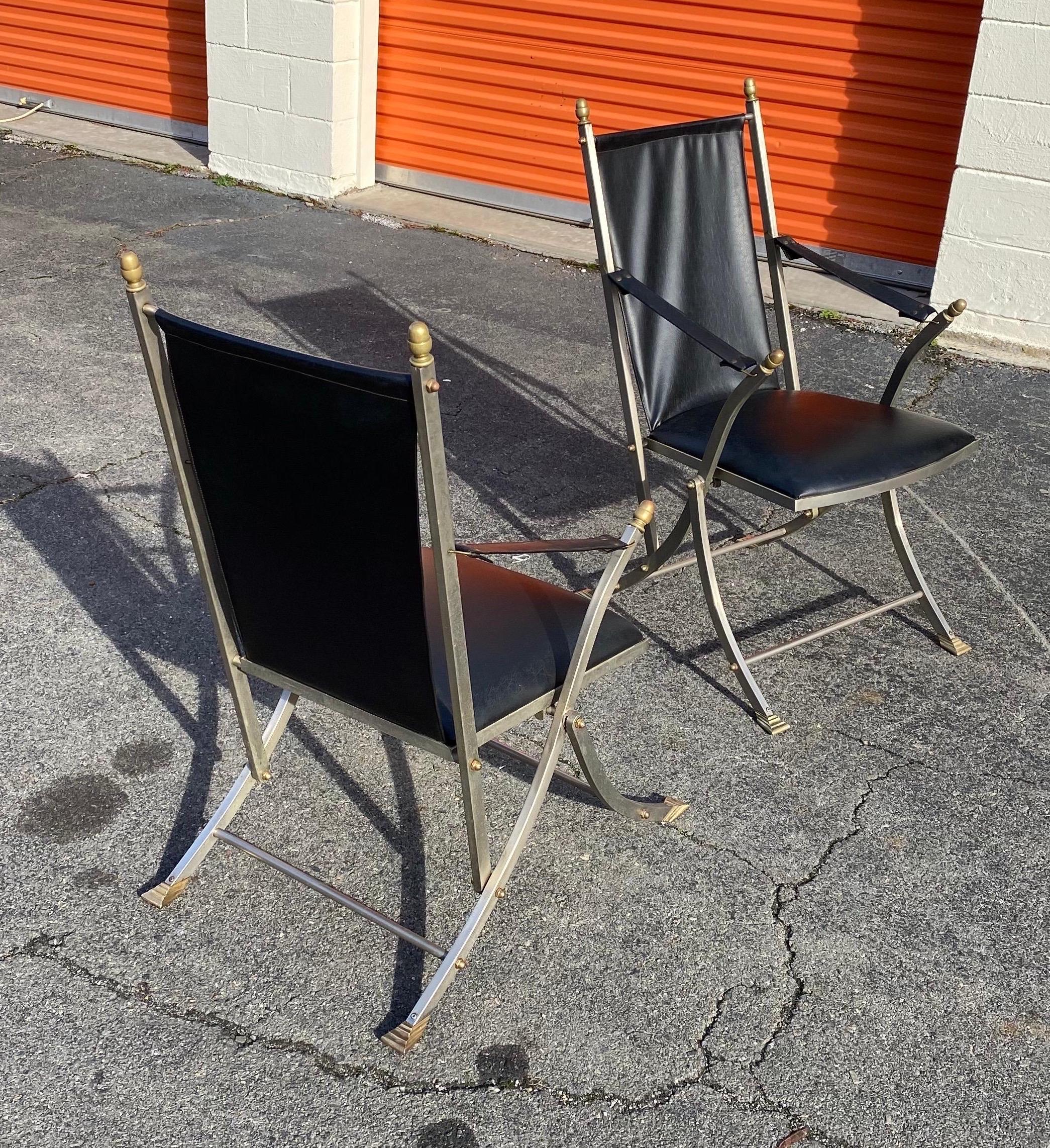 Pair of Midcentury Jansen Style Steel and Leather Folding Campaign Chairs In Good Condition For Sale In Charleston, SC