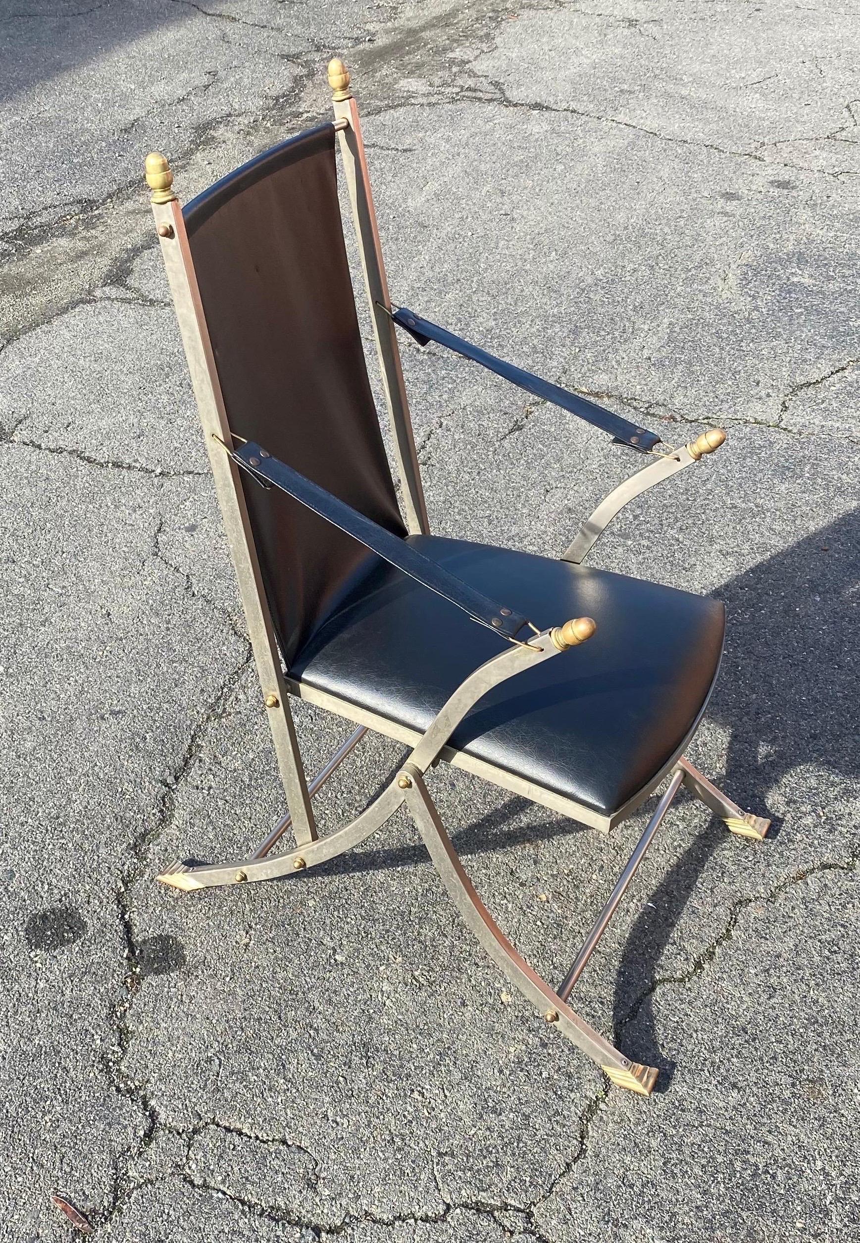 20th Century Pair of Midcentury Jansen Style Steel and Leather Folding Campaign Chairs For Sale