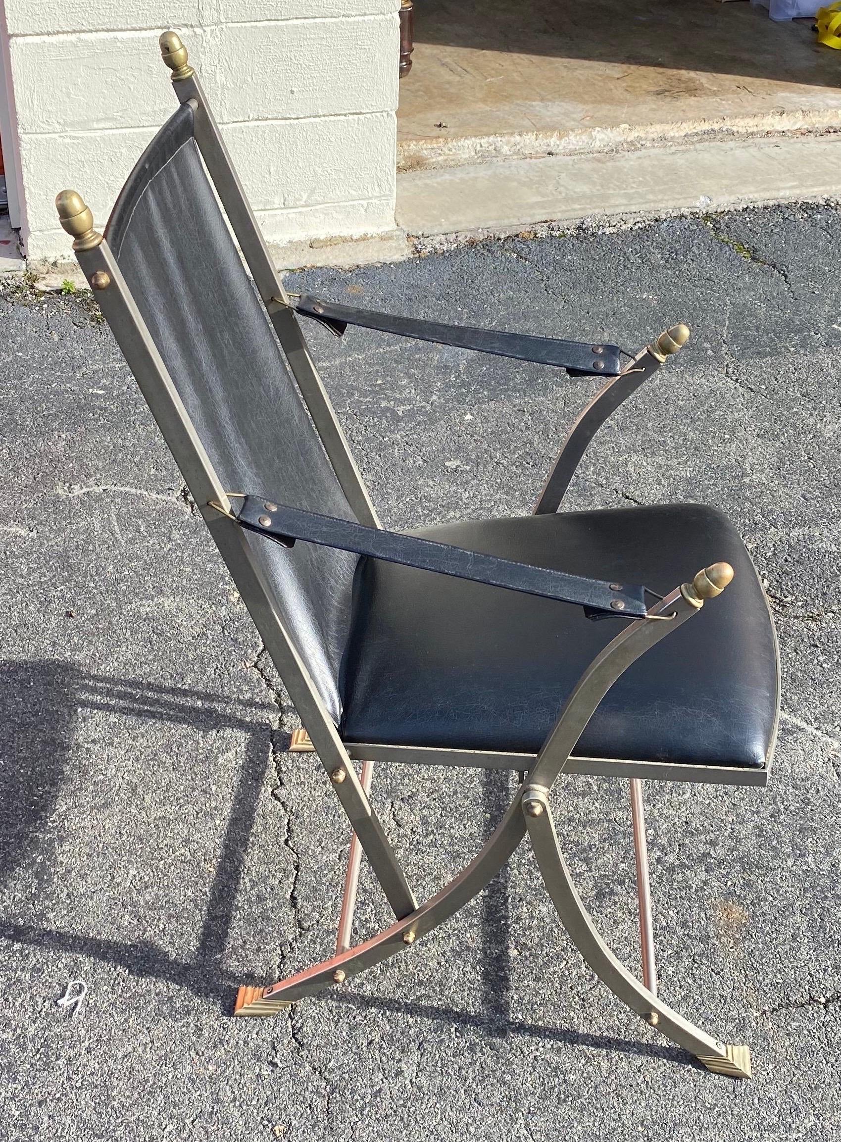 Pair of Midcentury Jansen Style Steel and Leather Folding Campaign Chairs For Sale 2