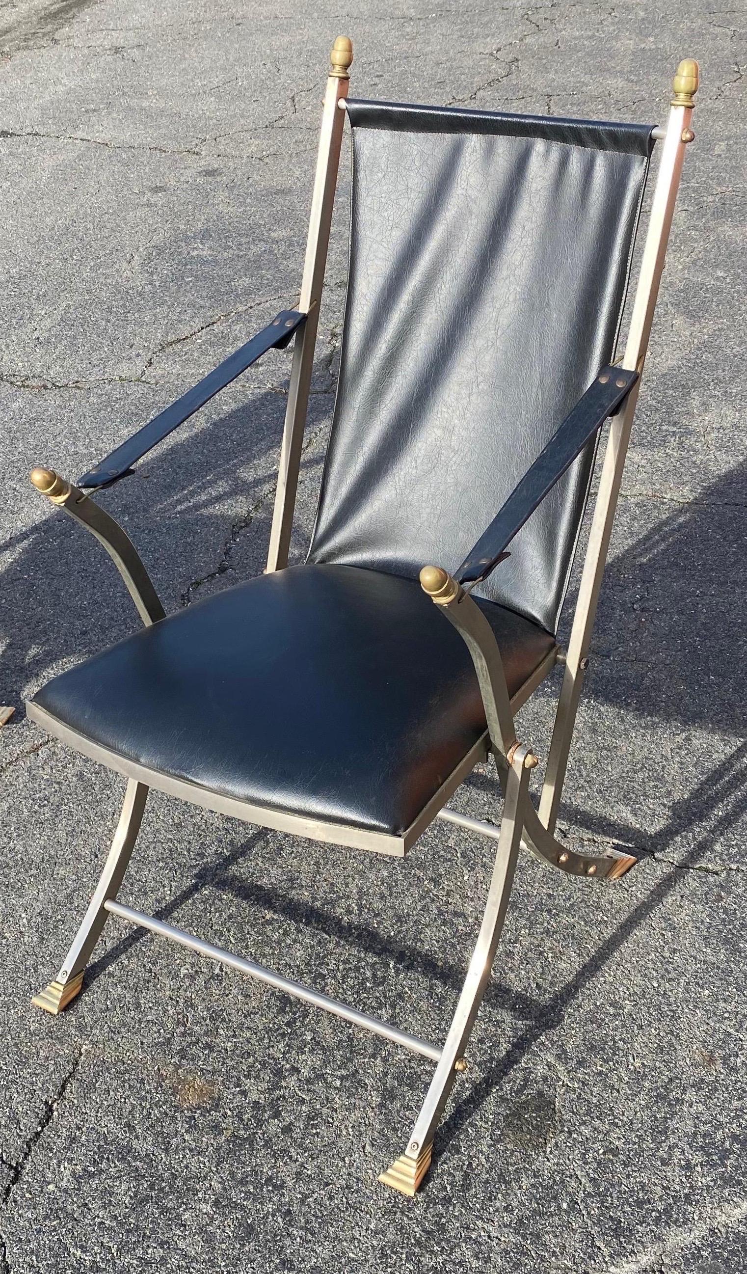 Pair of Midcentury Jansen Style Steel and Leather Folding Campaign Chairs For Sale 3