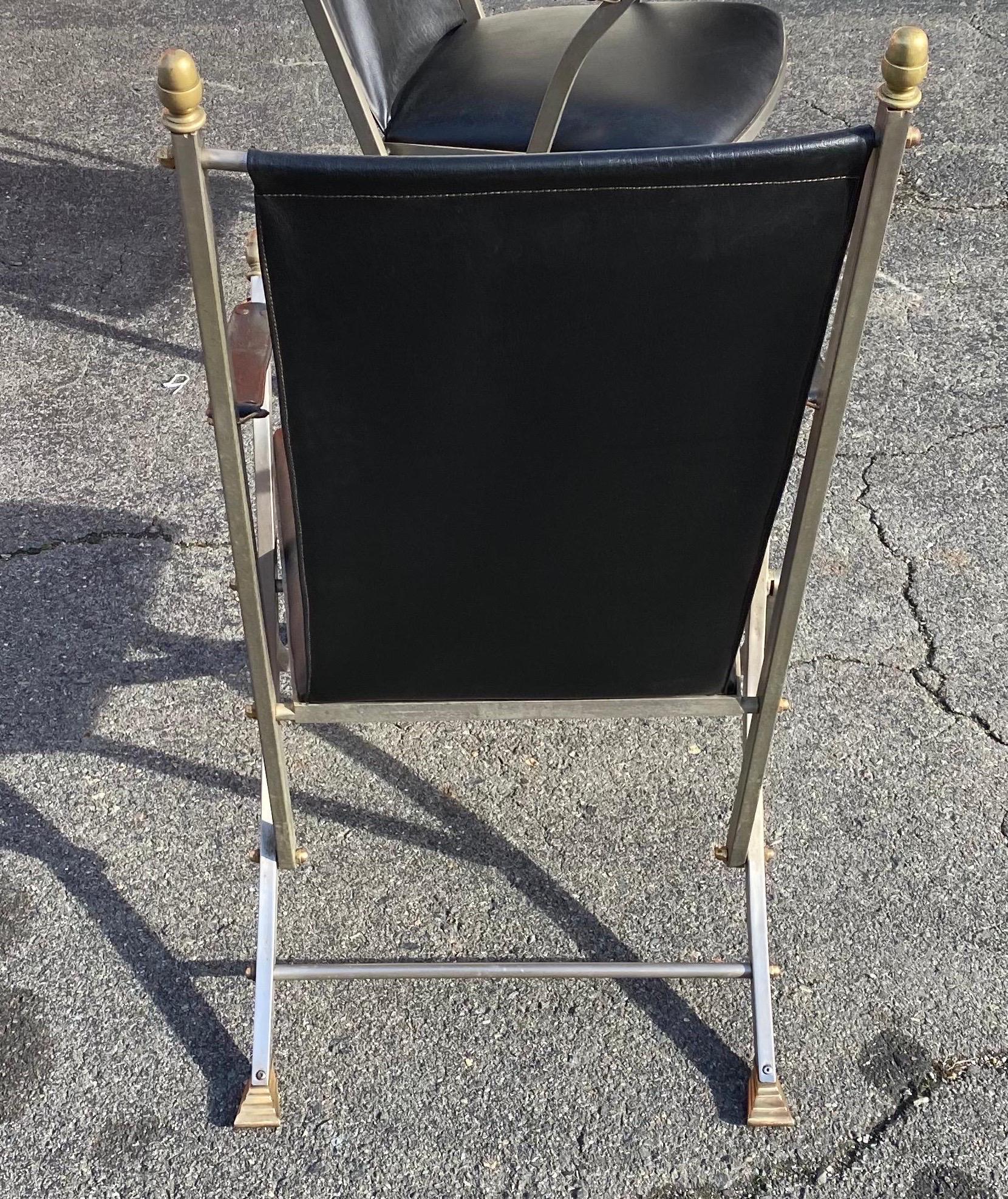 Pair of Midcentury Jansen Style Steel and Leather Folding Campaign Chairs For Sale 4