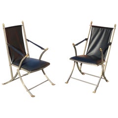 Used Pair of Midcentury Jansen Style Steel and Leather Folding Campaign Chairs