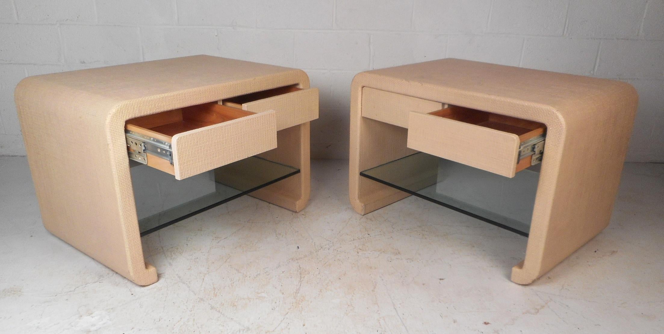 Grasscloth Pair of Midcentury Karl Springer Style End Tables