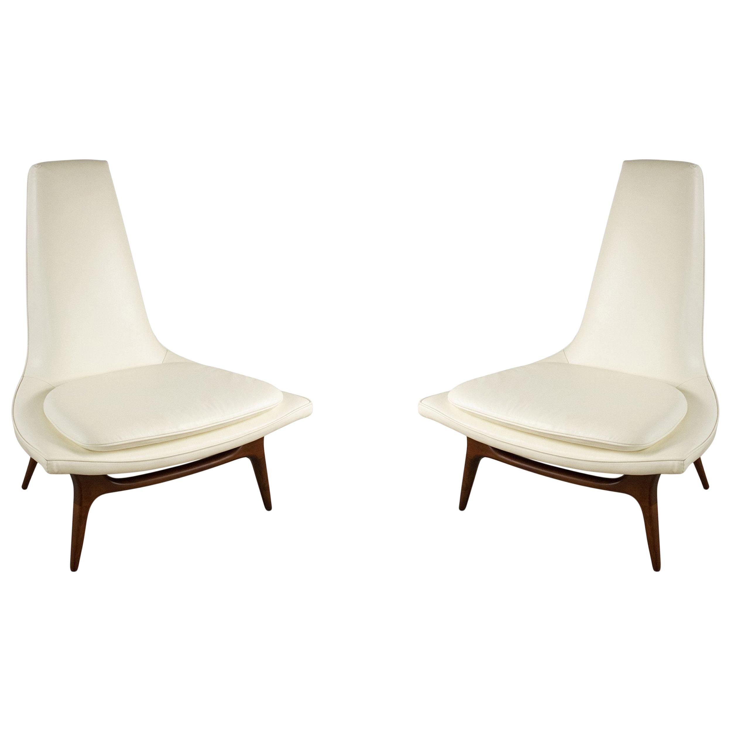 Pair of Midcentury Karpen Walnut Lounge Chairs with White Vinyl