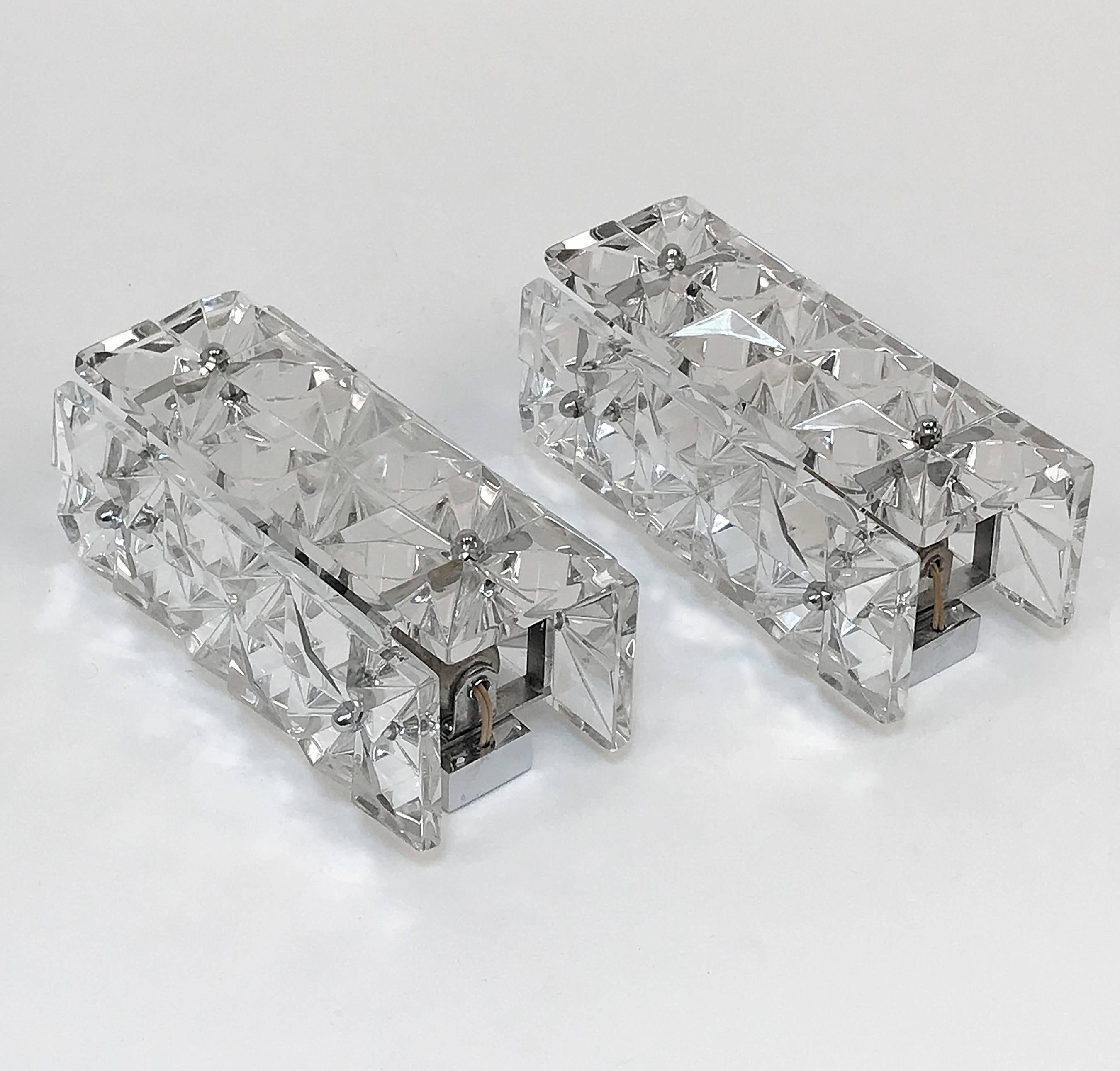 Mid-Century Modern Pair of Midcentury Kinkeldey Crystal Glass Austrian Wall Sconces, 1960s For Sale