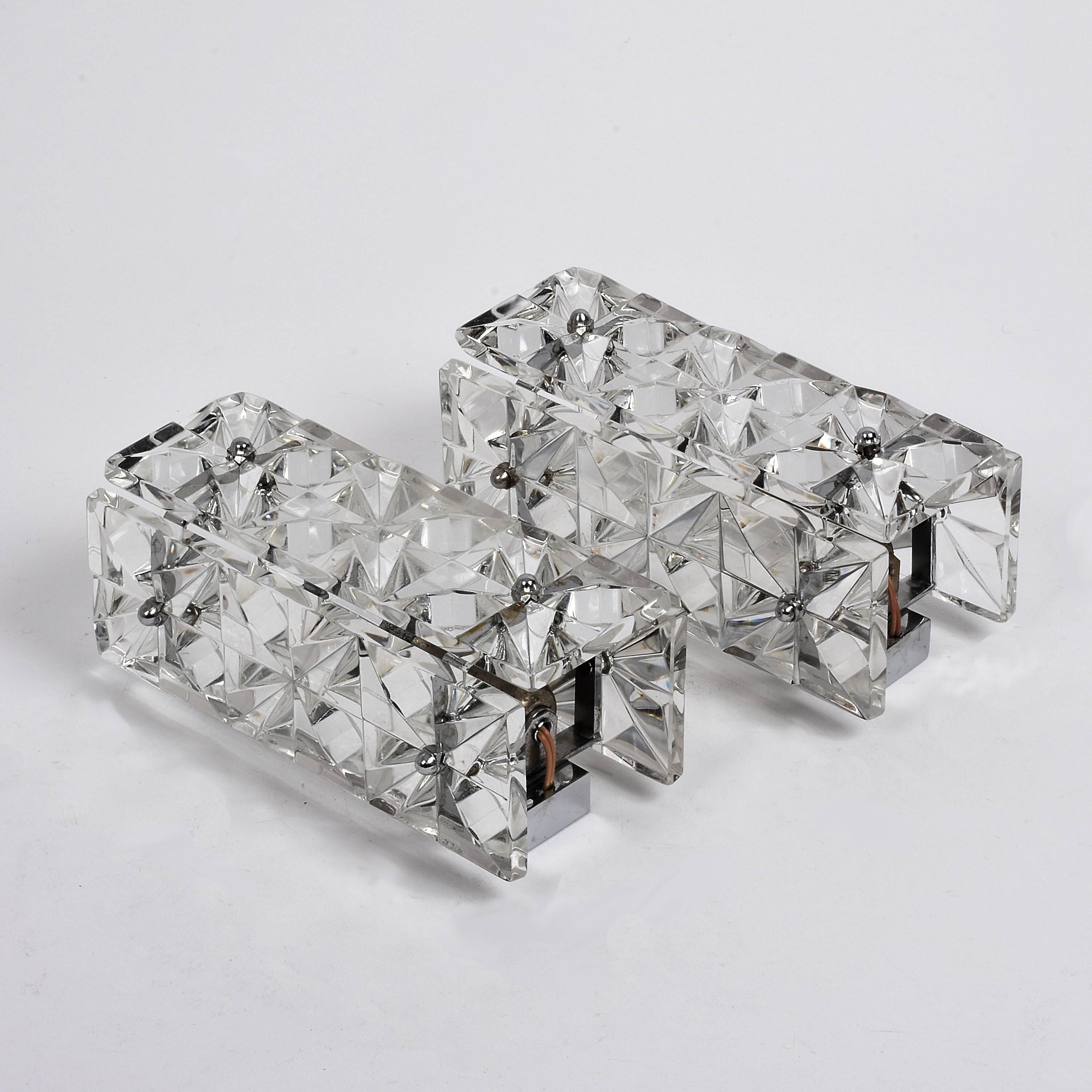 Metal Pair of Midcentury Kinkeldey Crystal Glass Austrian Wall Sconces, 1960s For Sale