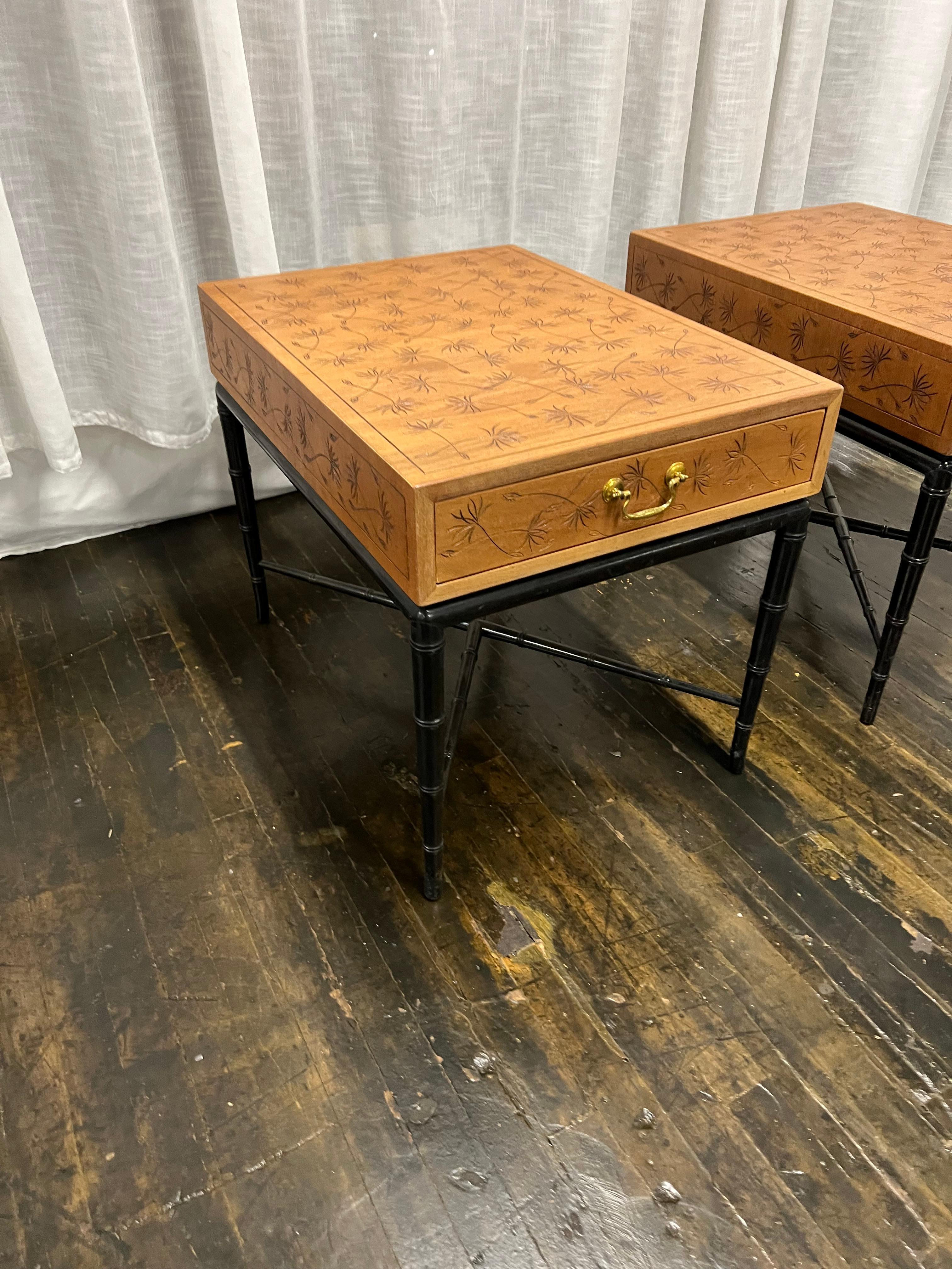 Pair of Midcentury Kittinger Side Tables with Drawers on Faux Bamboo Base For Sale 2