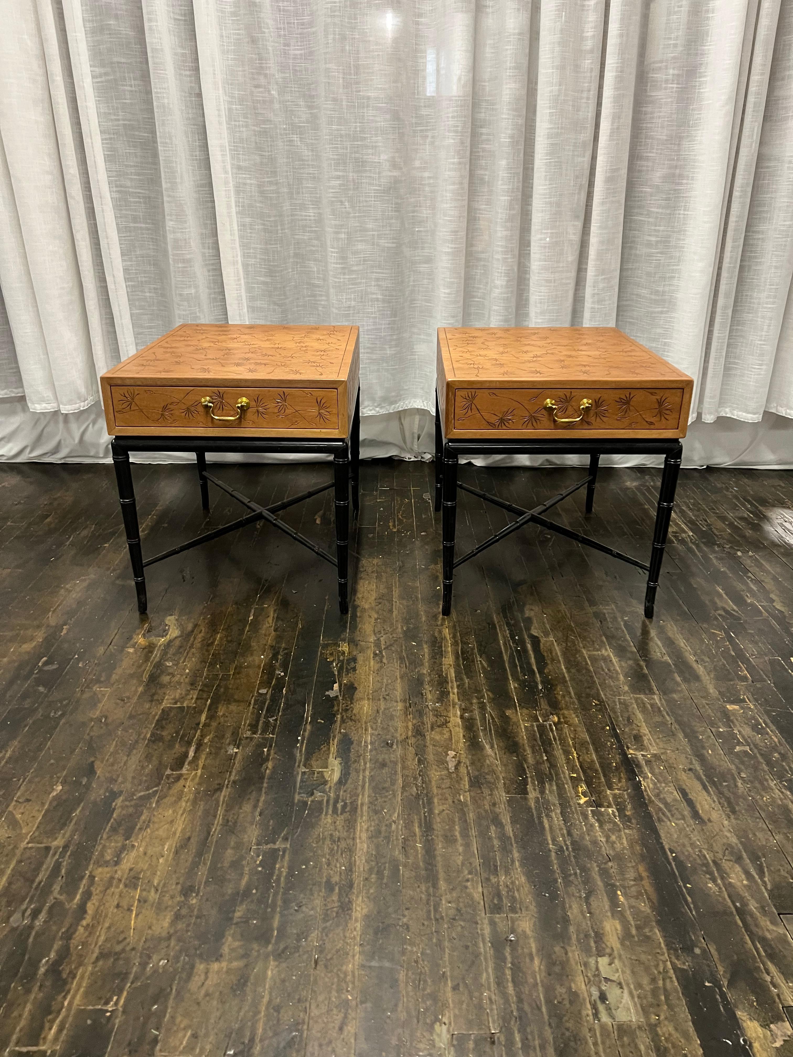 Pair of Midcentury Kittinger Side Tables with Drawers on Faux Bamboo Base For Sale 3