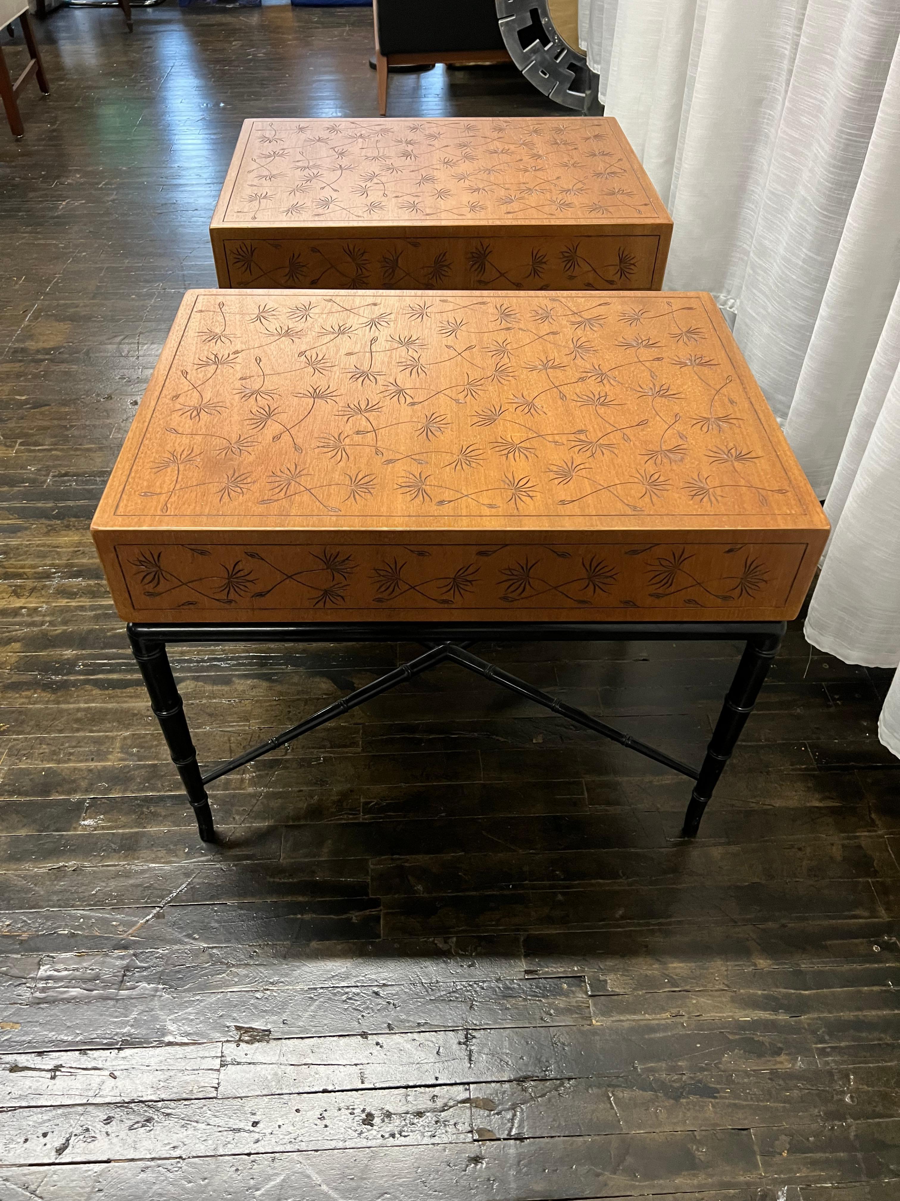 Hollywood Regency Pair of Midcentury Kittinger Side Tables with Drawers on Faux Bamboo Base For Sale