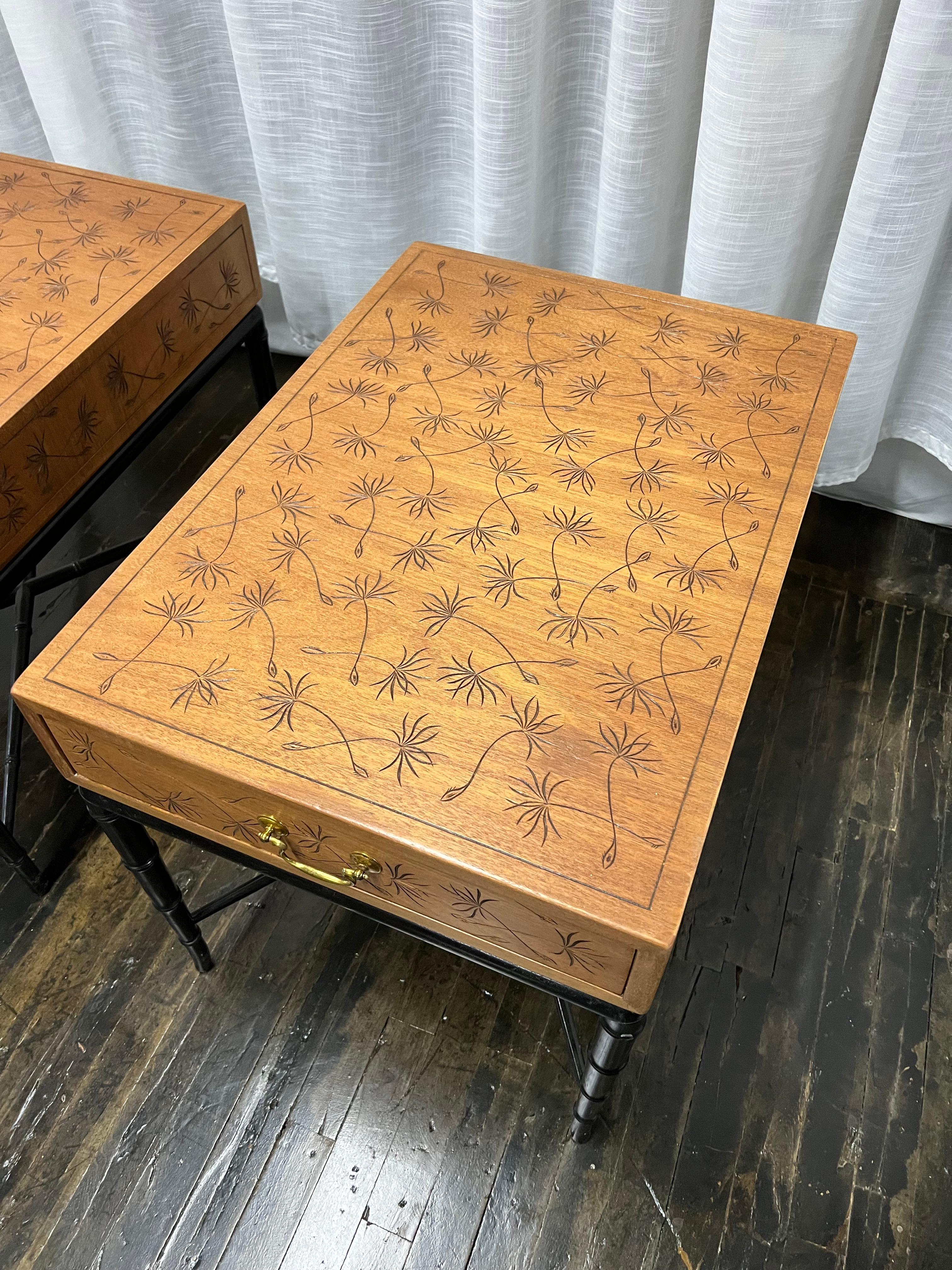 Pair of Midcentury Kittinger Side Tables with Drawers on Faux Bamboo Base In Good Condition For Sale In Chicago, IL
