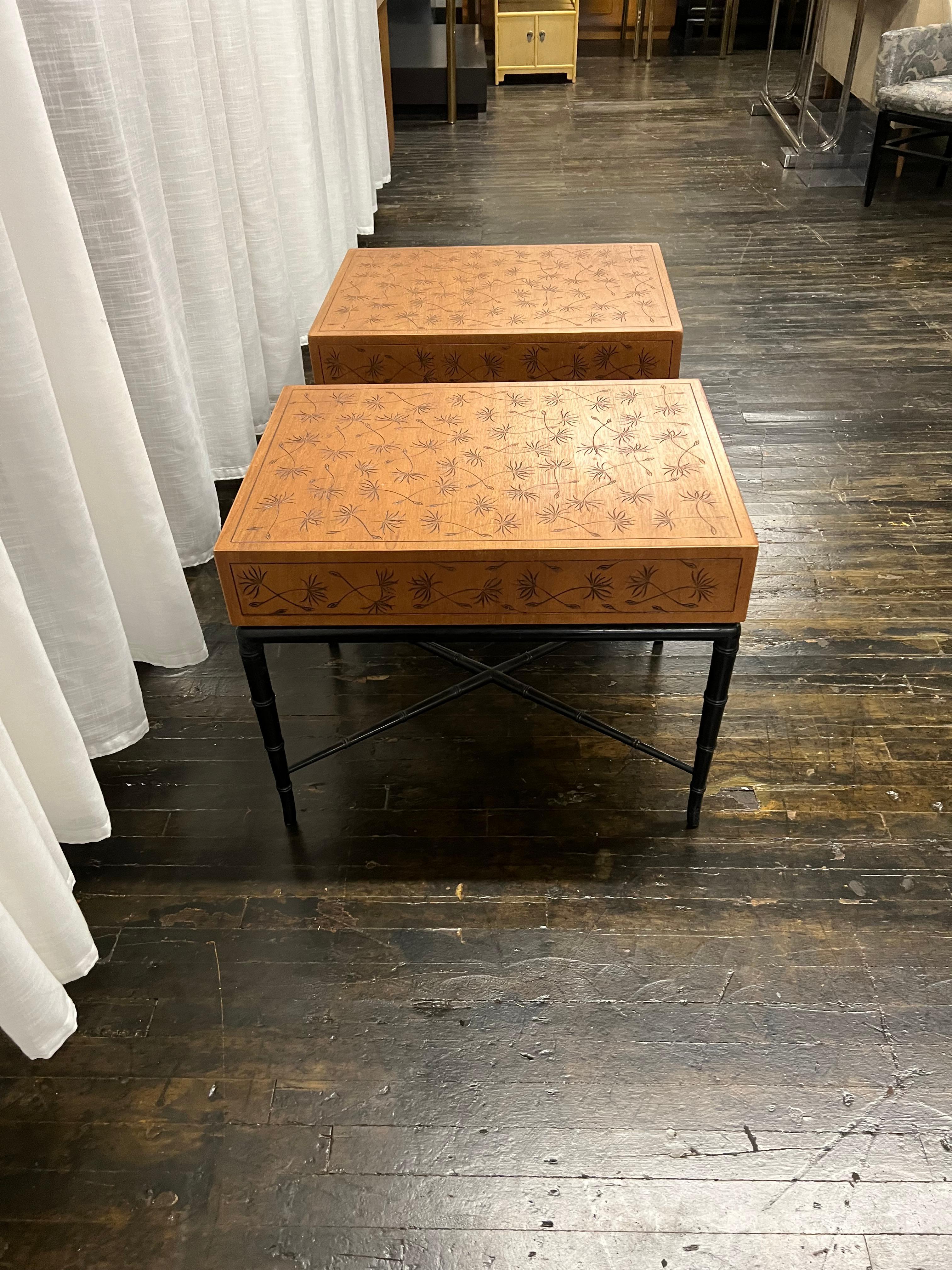 Hardwood Pair of Midcentury Kittinger Side Tables with Drawers on Faux Bamboo Base For Sale