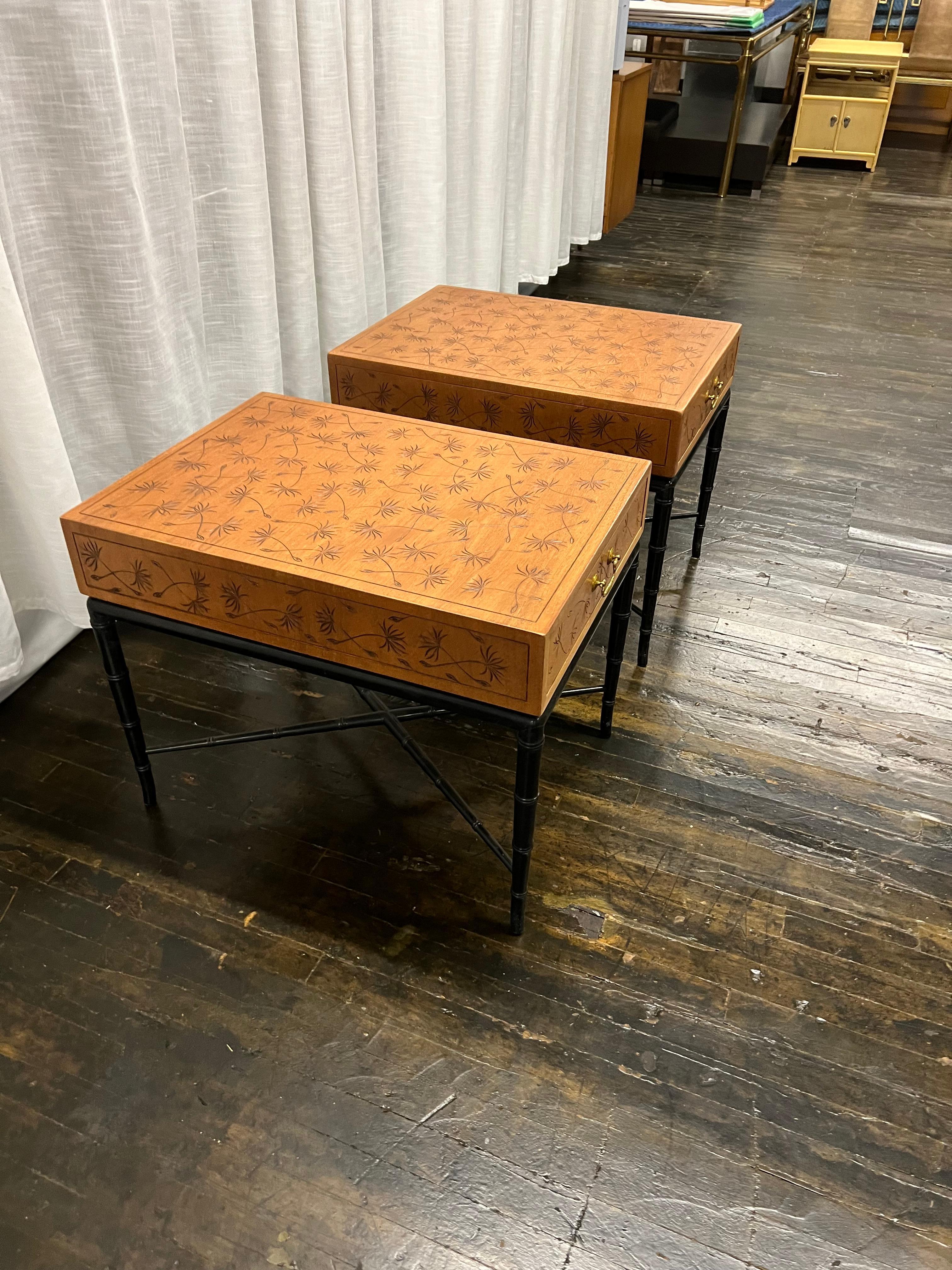 Pair of Midcentury Kittinger Side Tables with Drawers on Faux Bamboo Base For Sale 1