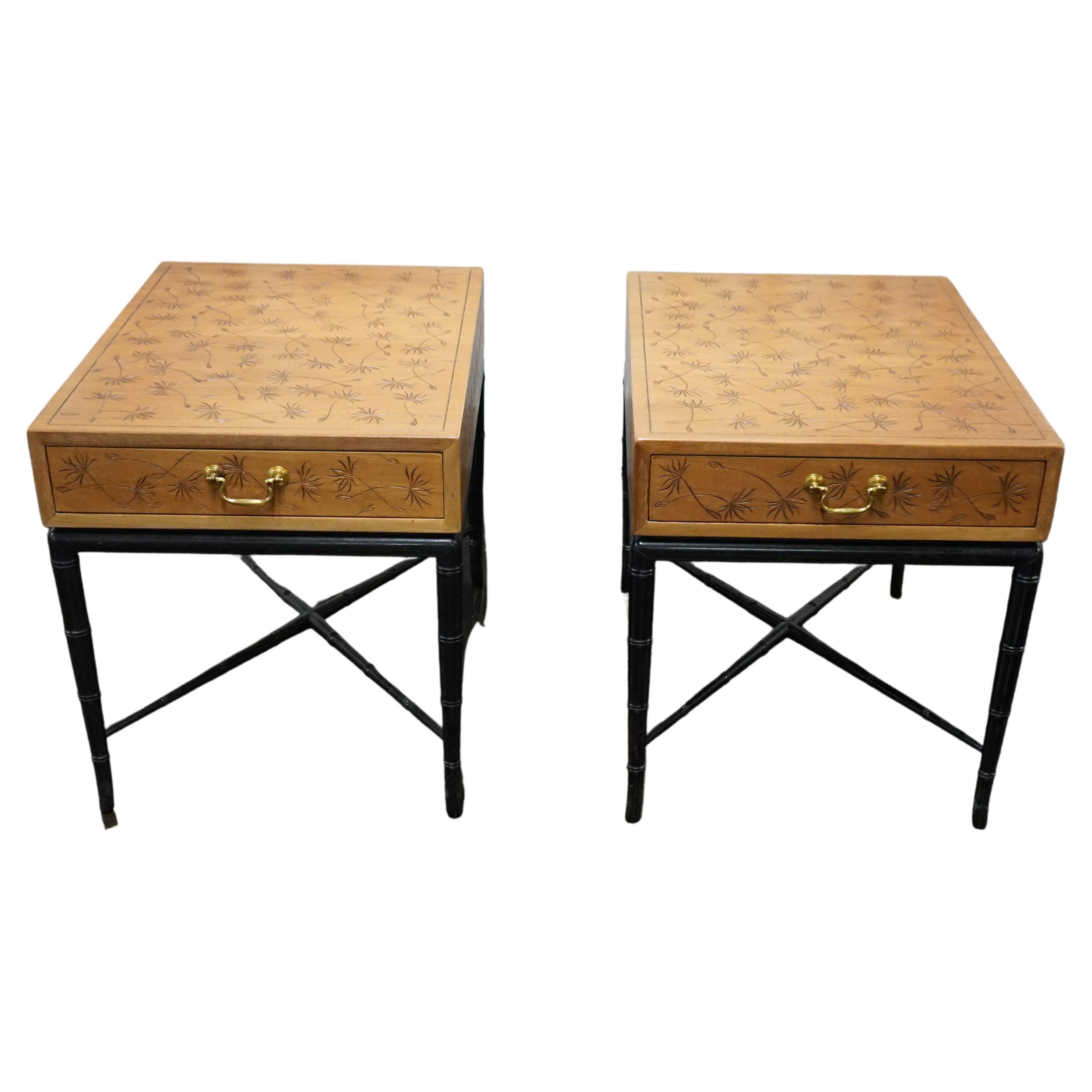 Pair of Midcentury Kittinger Side Tables with Drawers on Faux Bamboo Base For Sale