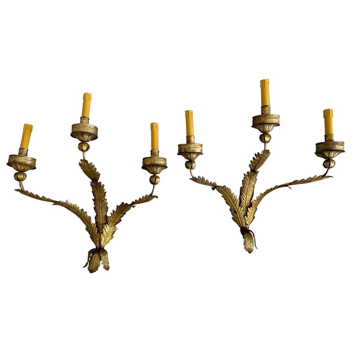 Pair of Midcentury Large Three Arms Wrought Gold Iron Spanish Sconces