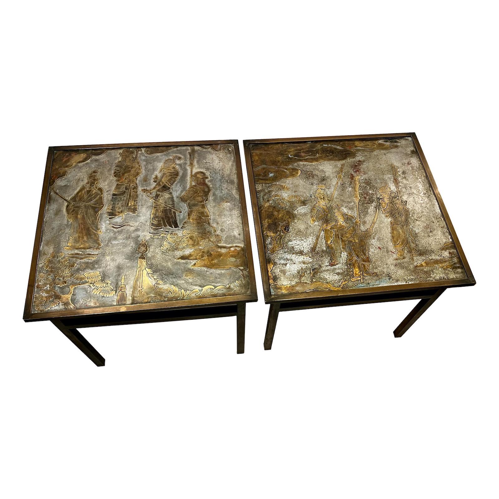 Pair of circa 1960's American LaVerne patinated bronze side tables.

Measurements:
Height: 15.5